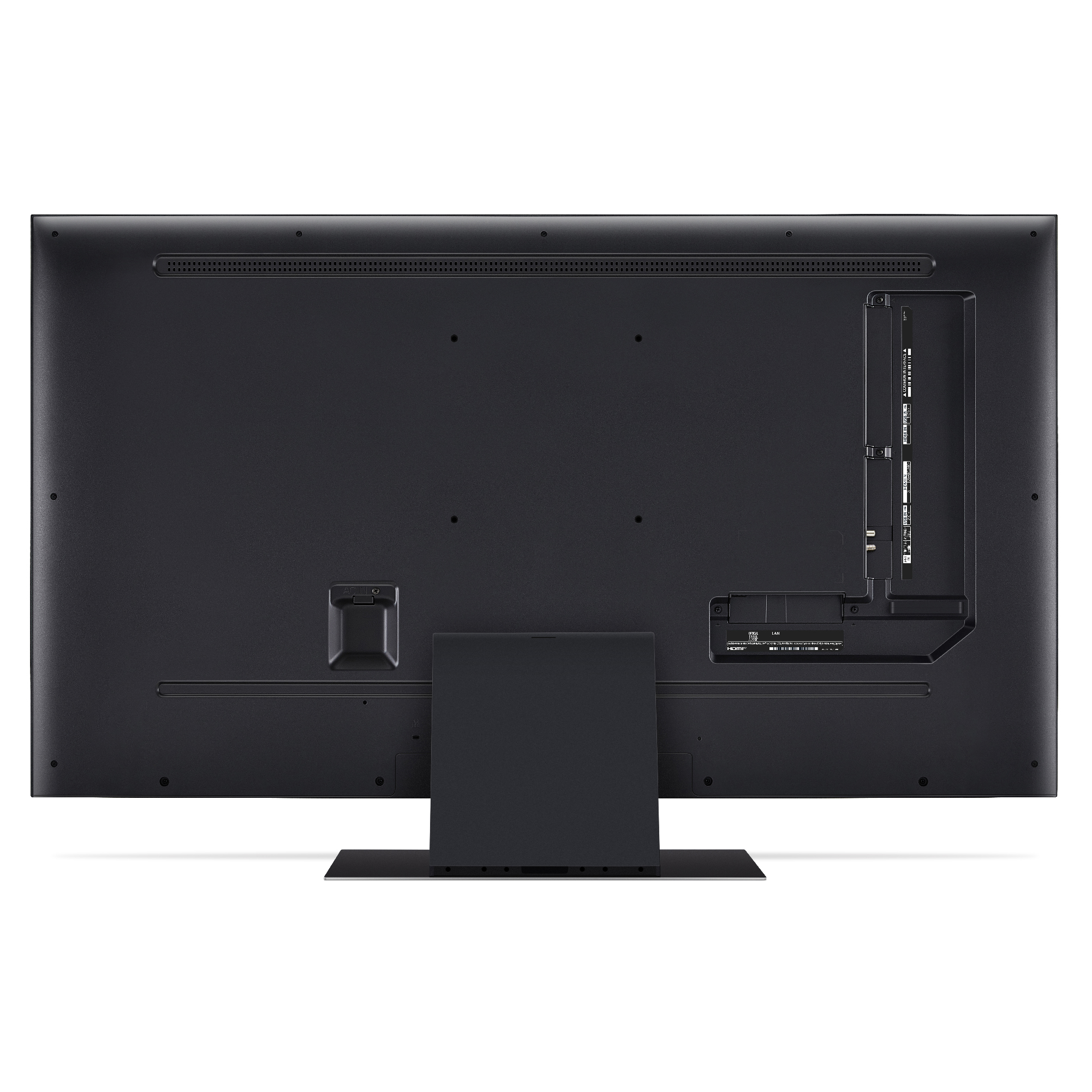 Parte trasera de un televisor negro con puertos, un soporte y un panel trasero negro.