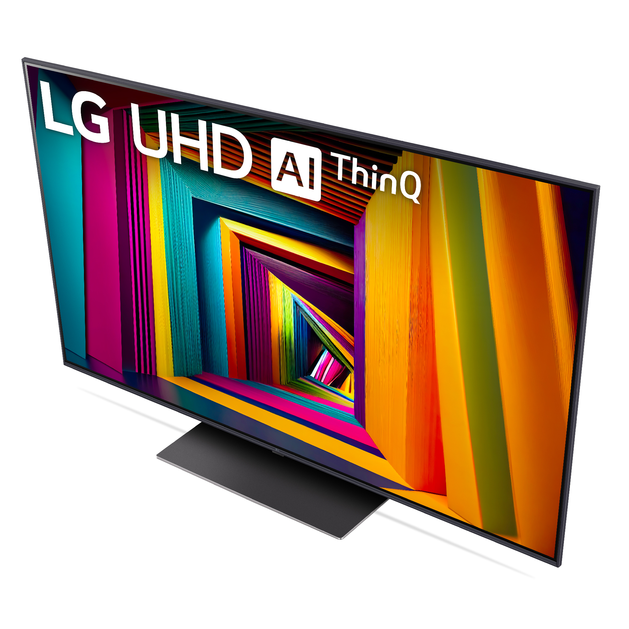TV LG UHD AI ThinQ con pantalla abstracta colorida, vista en ángulo, fondo blanco.