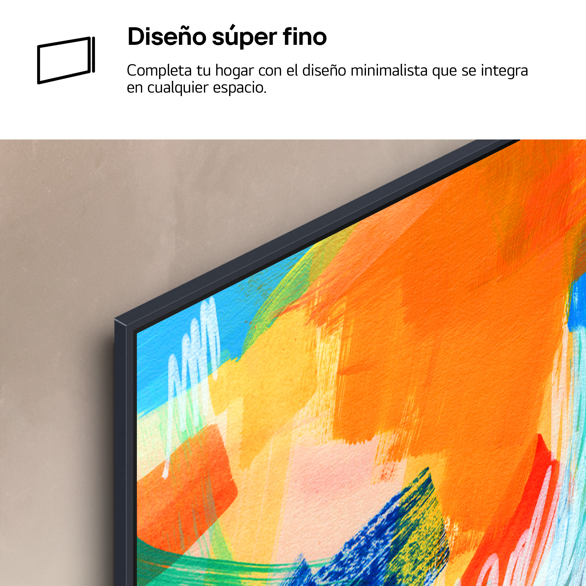 Primer plano de una pantalla de TV con arte abstracto colorido. El televisor es oscuro y elegante.