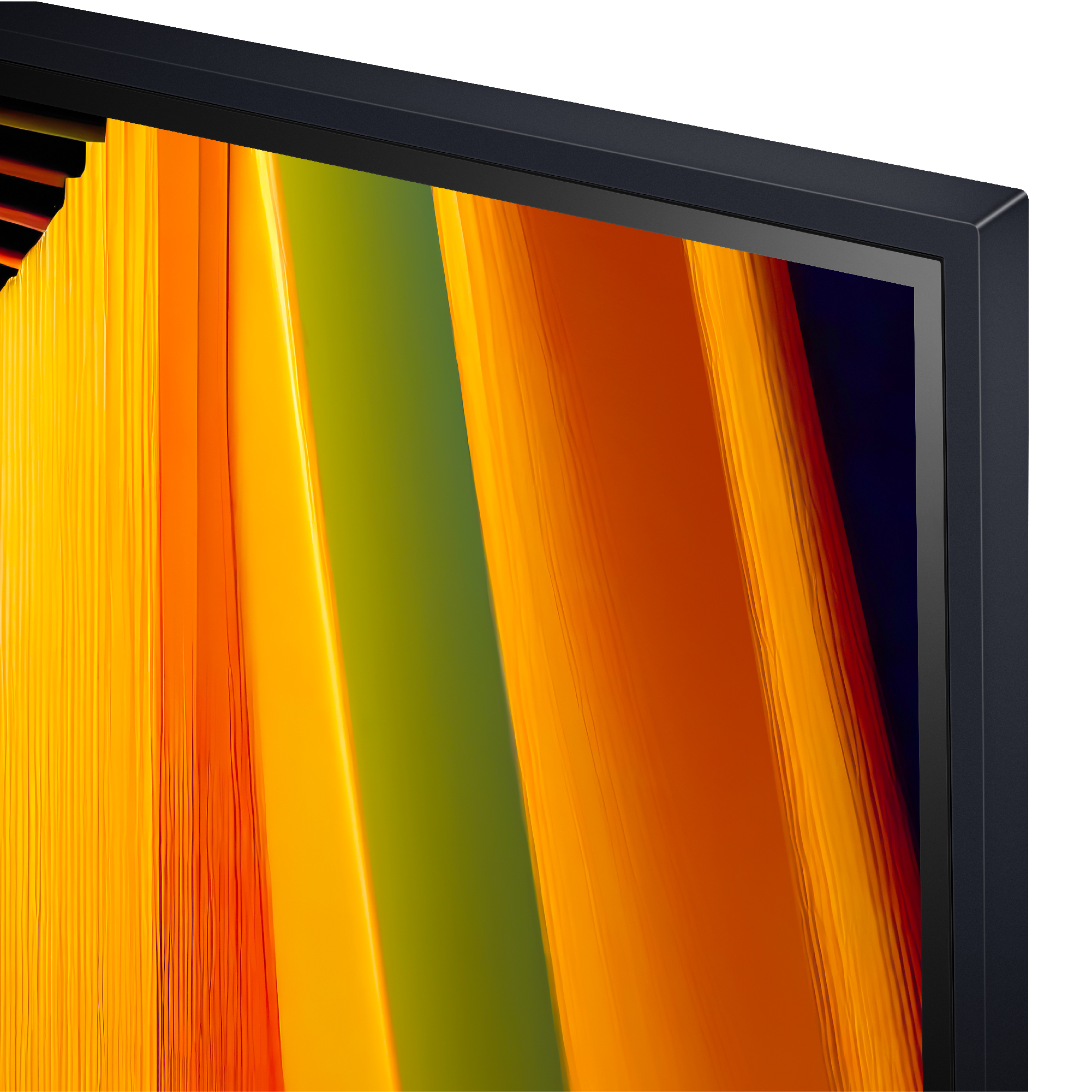Esquina de una pantalla de TV que muestra colores amarillo, naranja y negro en formas abstractas.