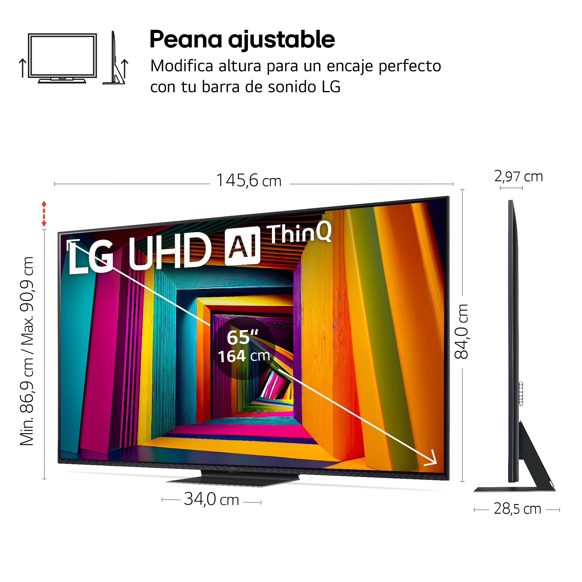 Un televisor de 65 pulgadas con dimensiones, junto a una vista lateral.