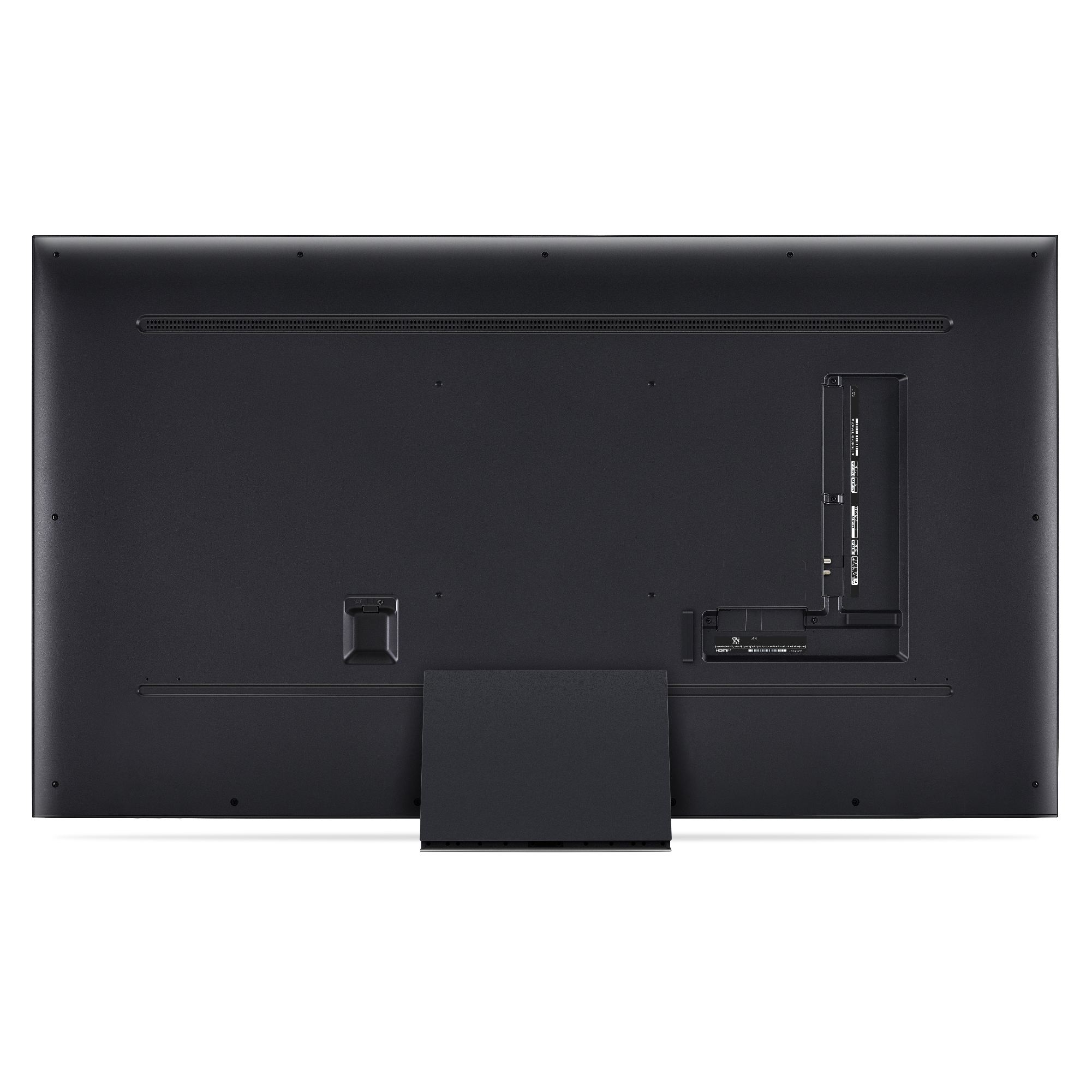 Parte trasera de un televisor negro grande con puertos y soporte. Múltiples puertos de conexión son visibles.