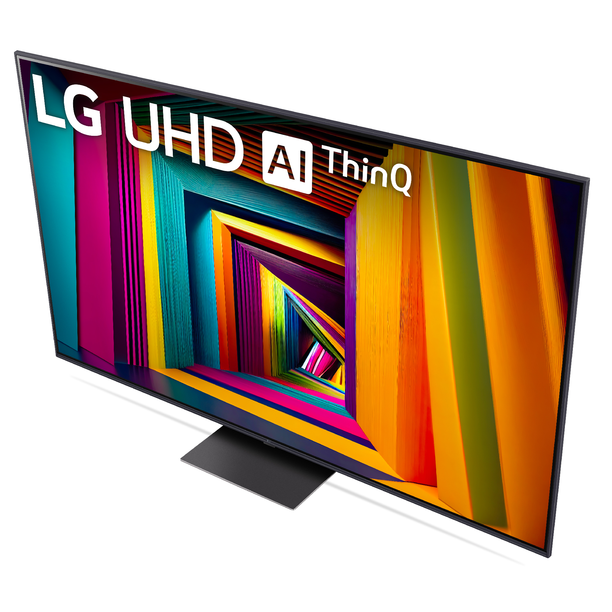Un televisor LG UHD AI ThinQ muestra un diseño abstracto colorido. El televisor tiene un soporte negro.