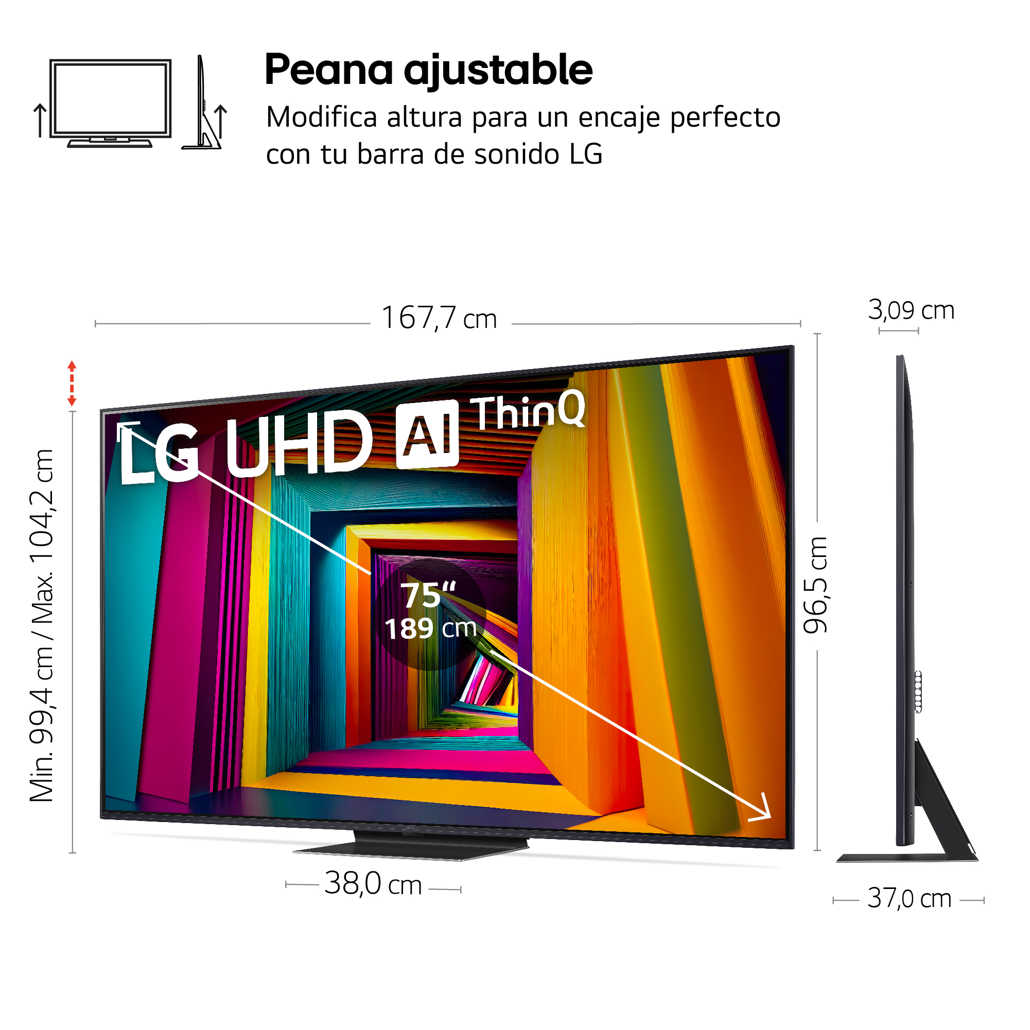 TV mostrando imagen colorida, con dimensiones e info de soporte ajustable.