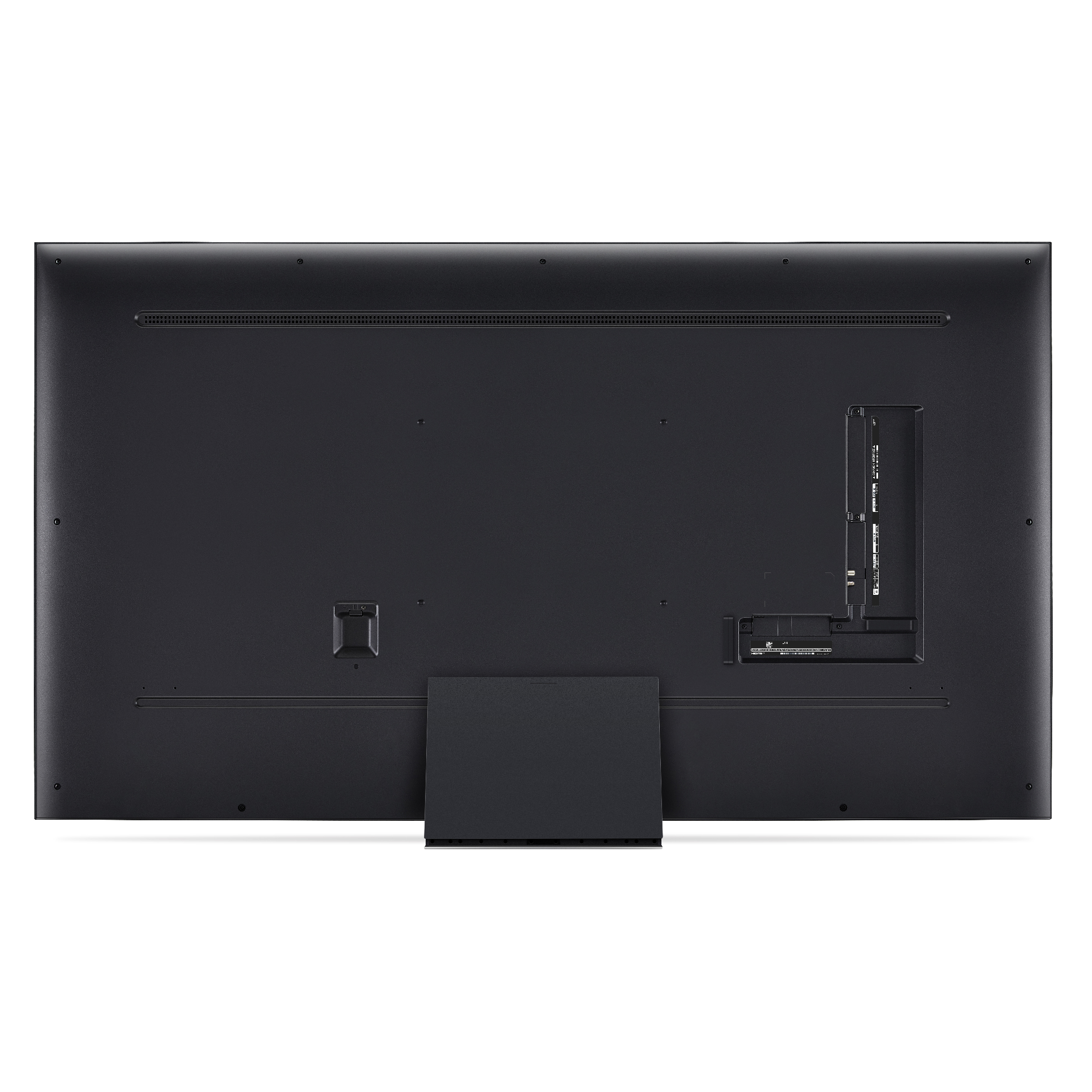 Parte trasera de un televisor LG negro con puertos y soporte. Fondo oscuro, vista de cerca.
