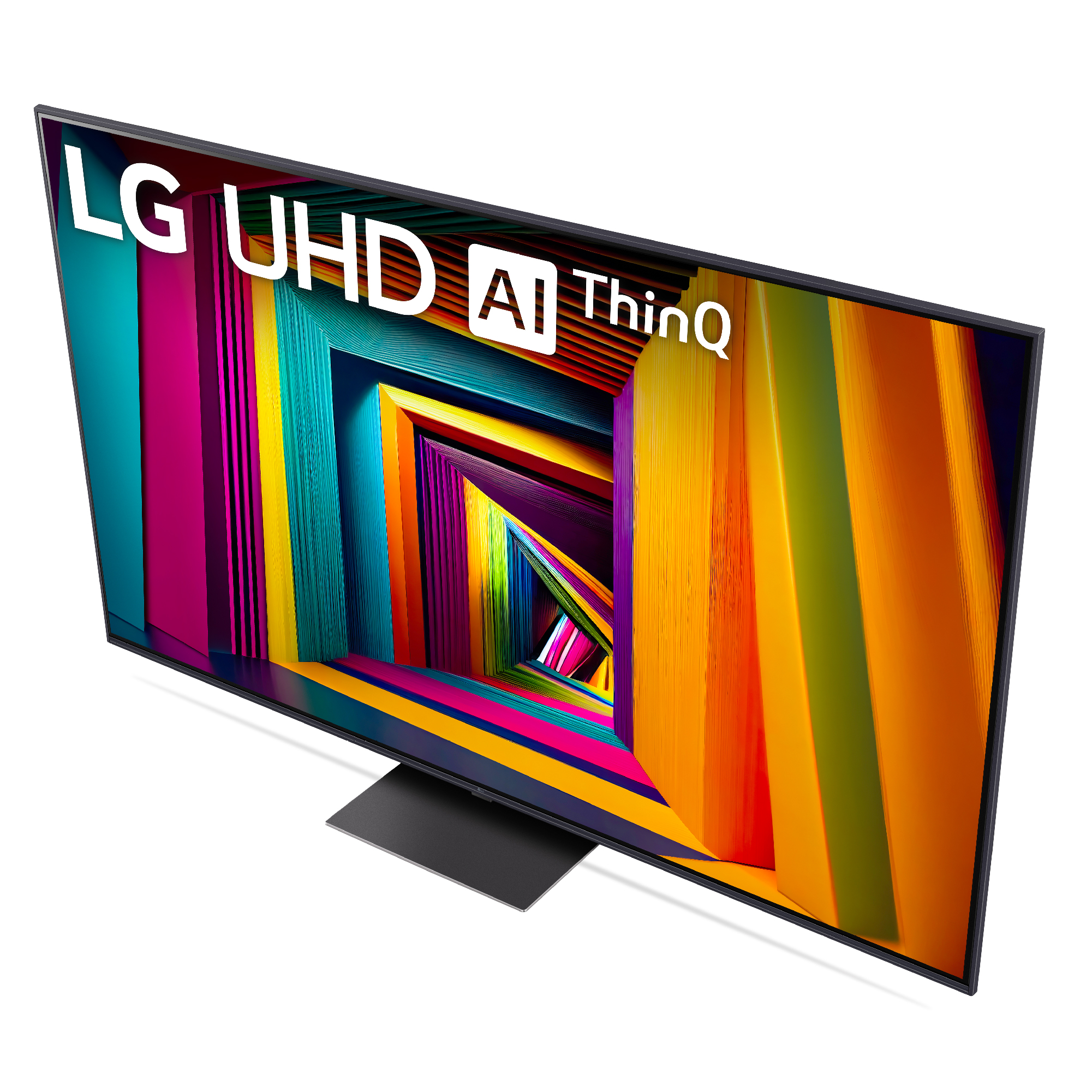 LG UHD AI ThinQ TV, vista en ángulo. Fondo colorido.