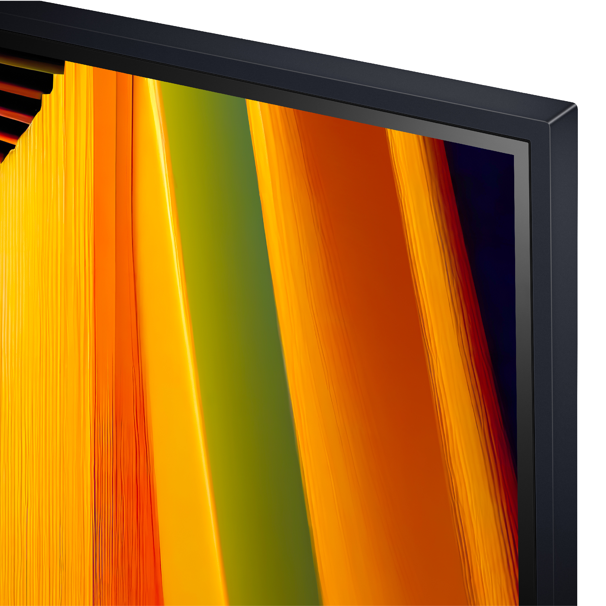 Primer plano de una pantalla de TV, con un bisel negro, mostrando un diseño abstracto y colorido.