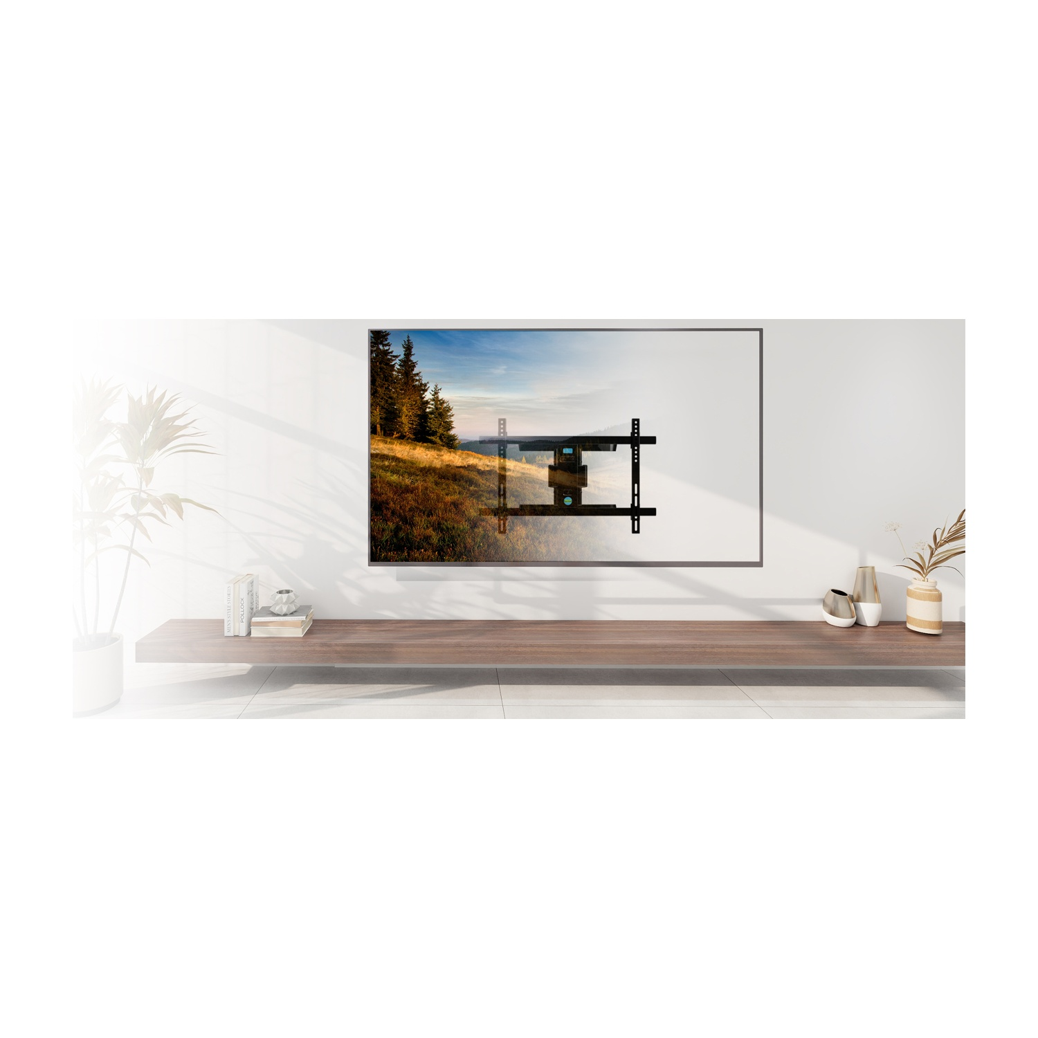 TV montata a parete con supporto TV sottostante, contro parete bianca e pavimento in legno.