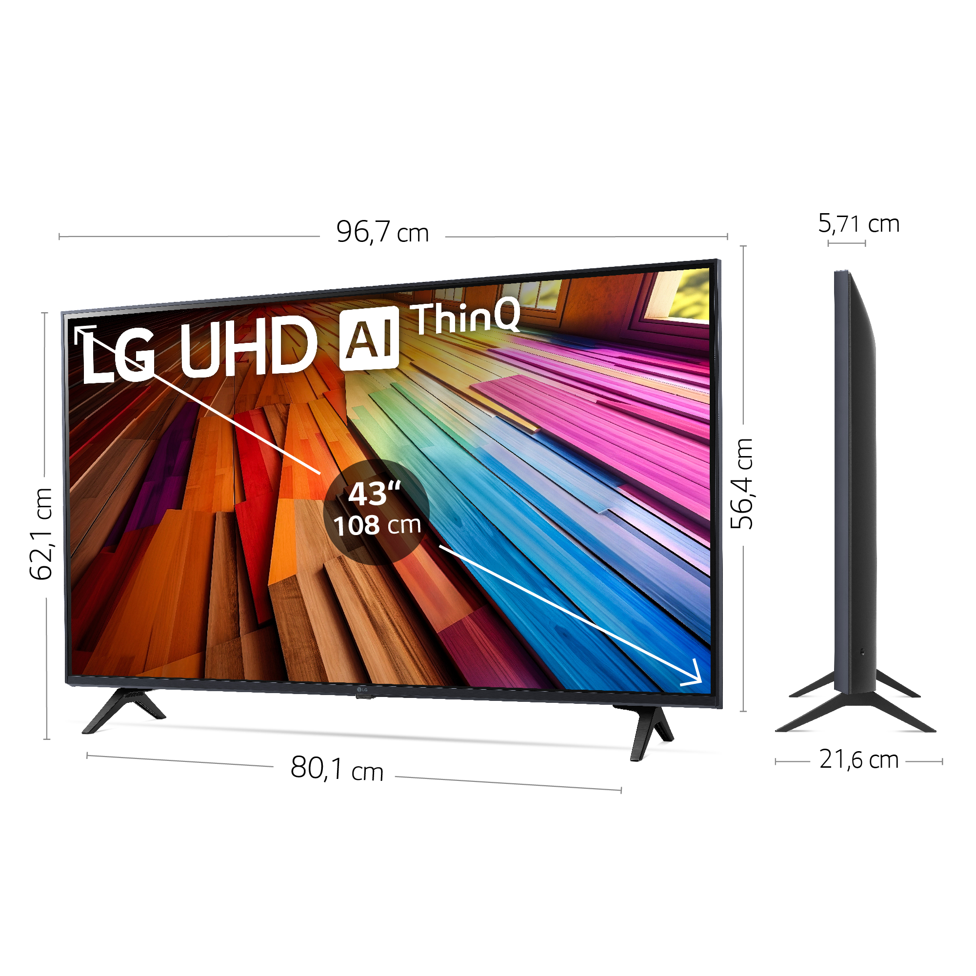 Dimensiones del televisor. El televisor es negro, con soporte y dimensiones mostradas.