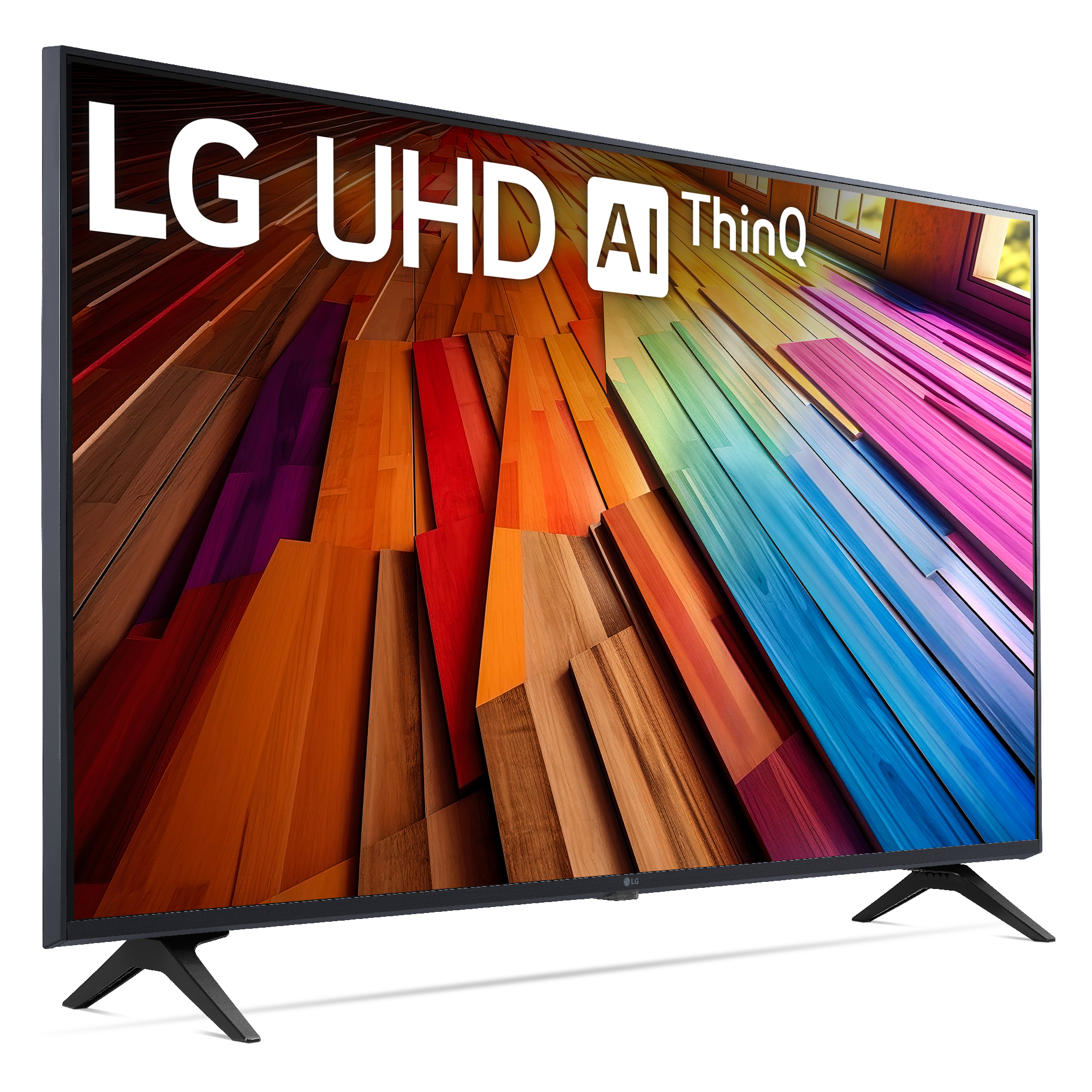 Un televisor LG grande con una pantalla colorida. Tiene las palabras 'LG UHD AI ThinQ'.