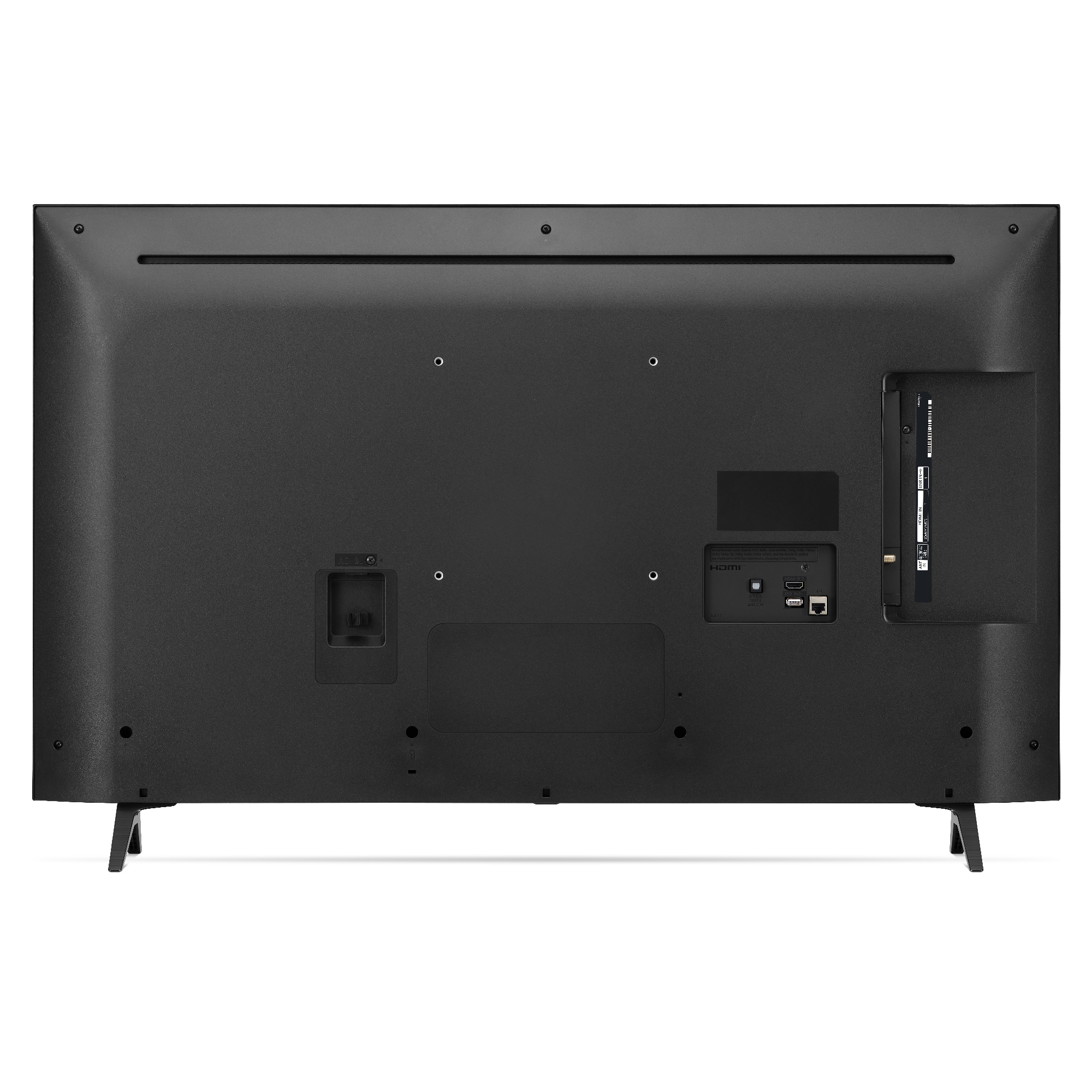 Vista trasera de un televisor negro con patas y puertos.