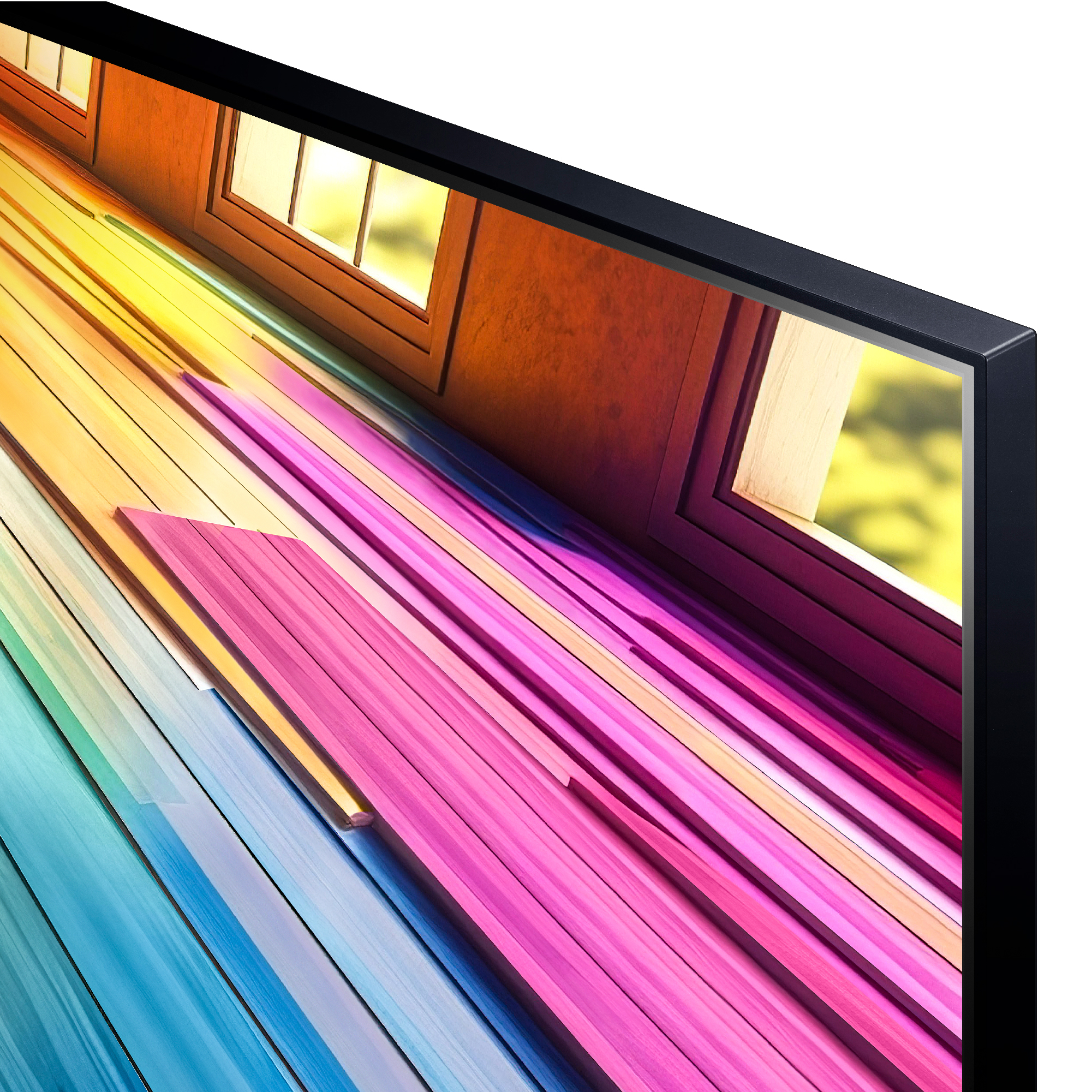 Primer plano de una esquina de una pantalla de TV que muestra patrones geométricos coloridos. Bisel negro.