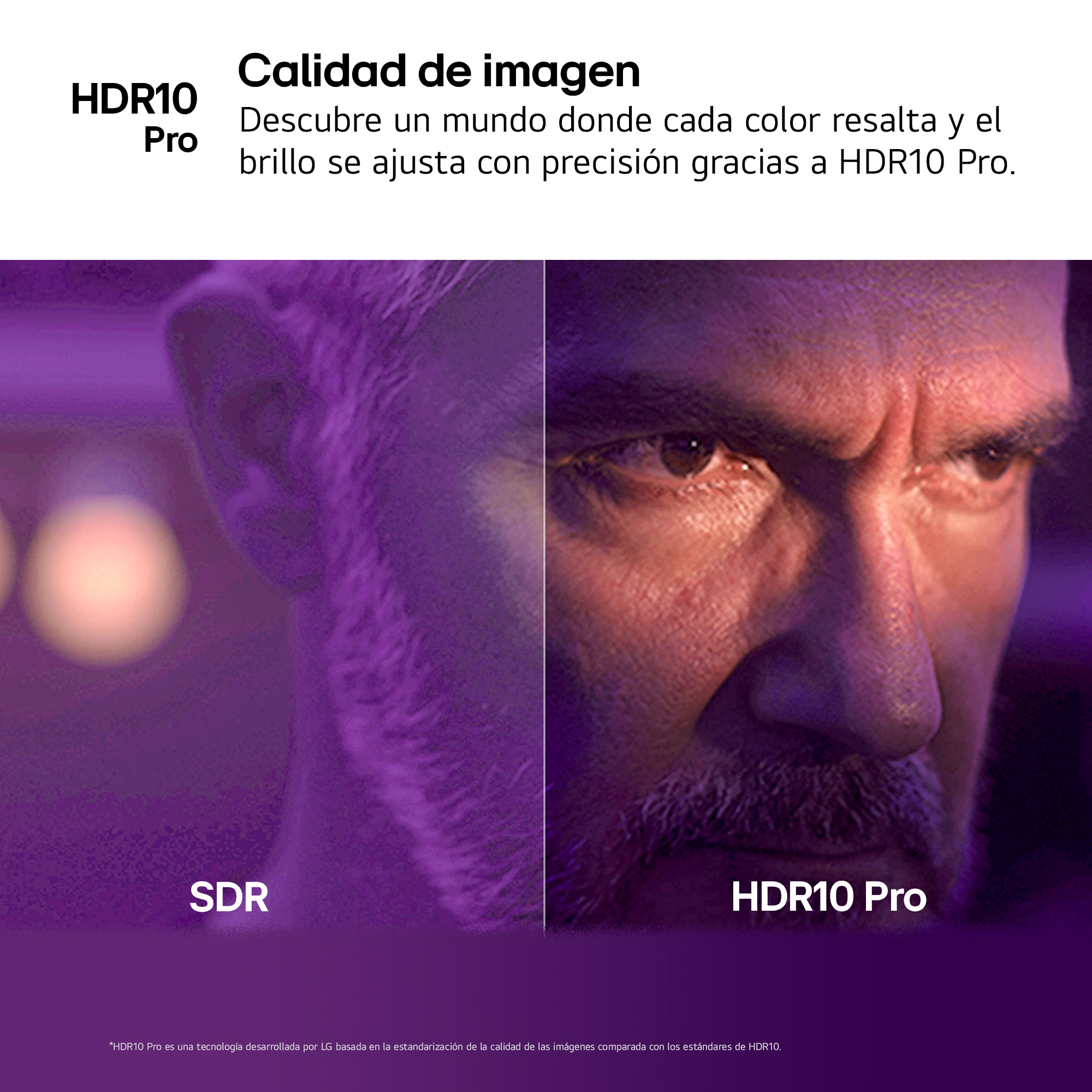 Imagen dividida. El lado izquierdo muestra SDR, el derecho HDR10 Pro. Ambos lados muestran la cara de un hombre, fondo púrpura.