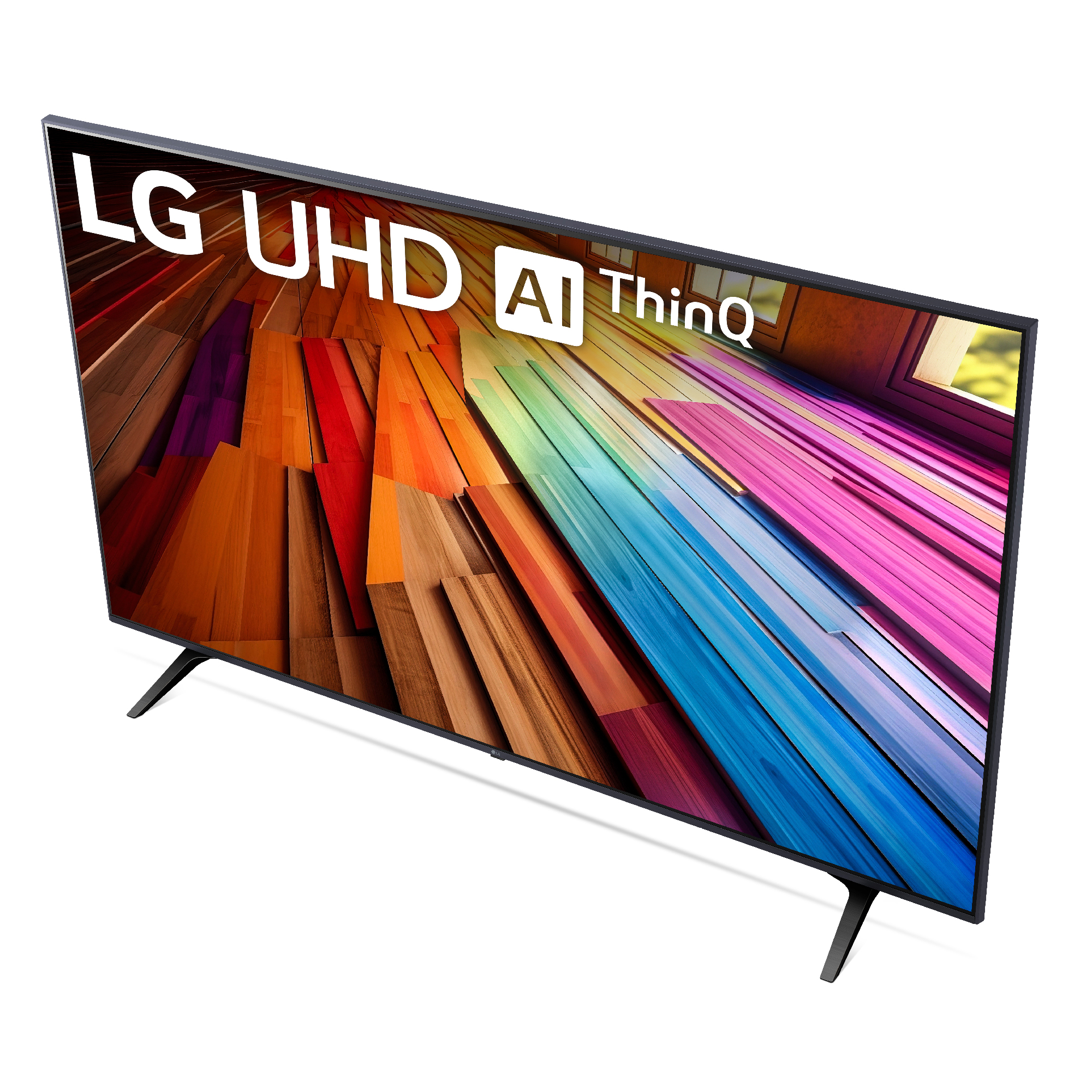 Vista desde arriba de un televisor LG UHD AI ThinQ. La pantalla muestra arte abstracto colorido con un marco negro.