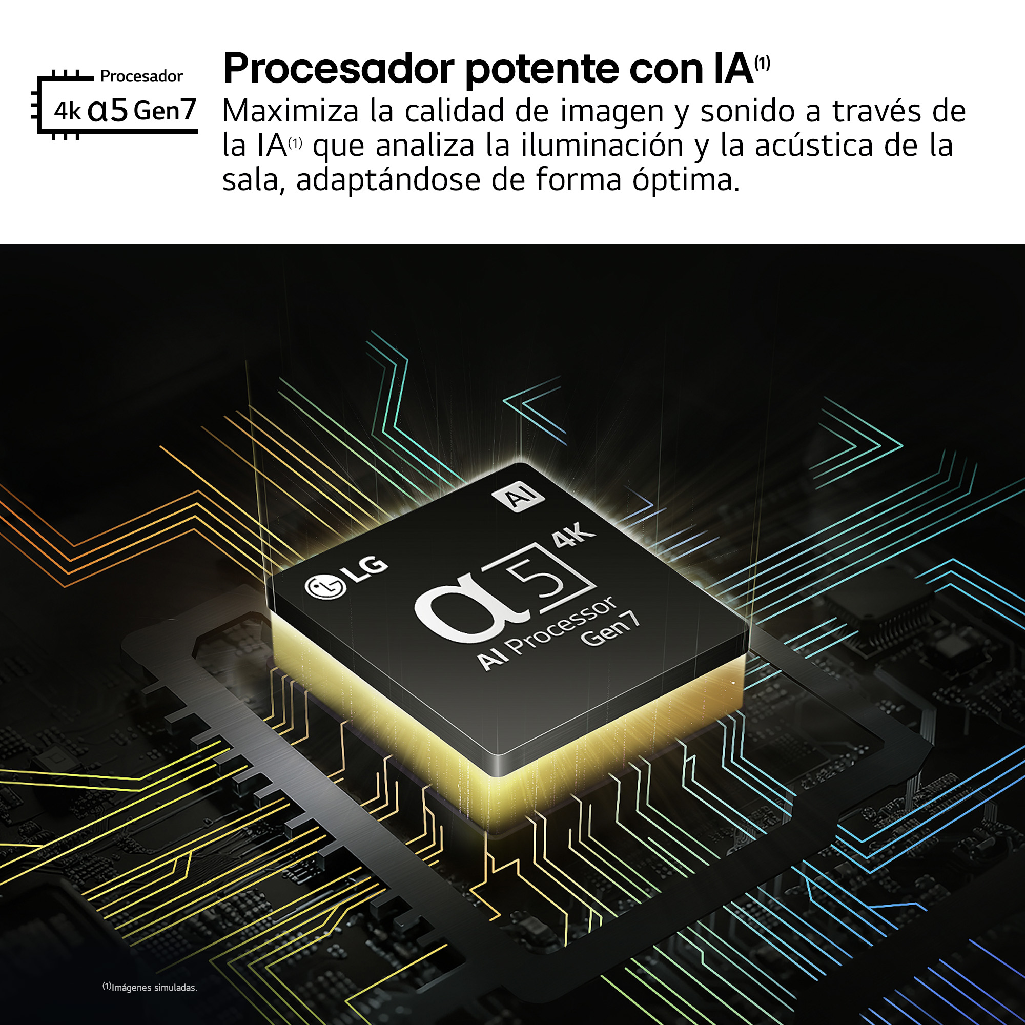 Primer plano del procesador LG AI con texto sobre sus funciones.