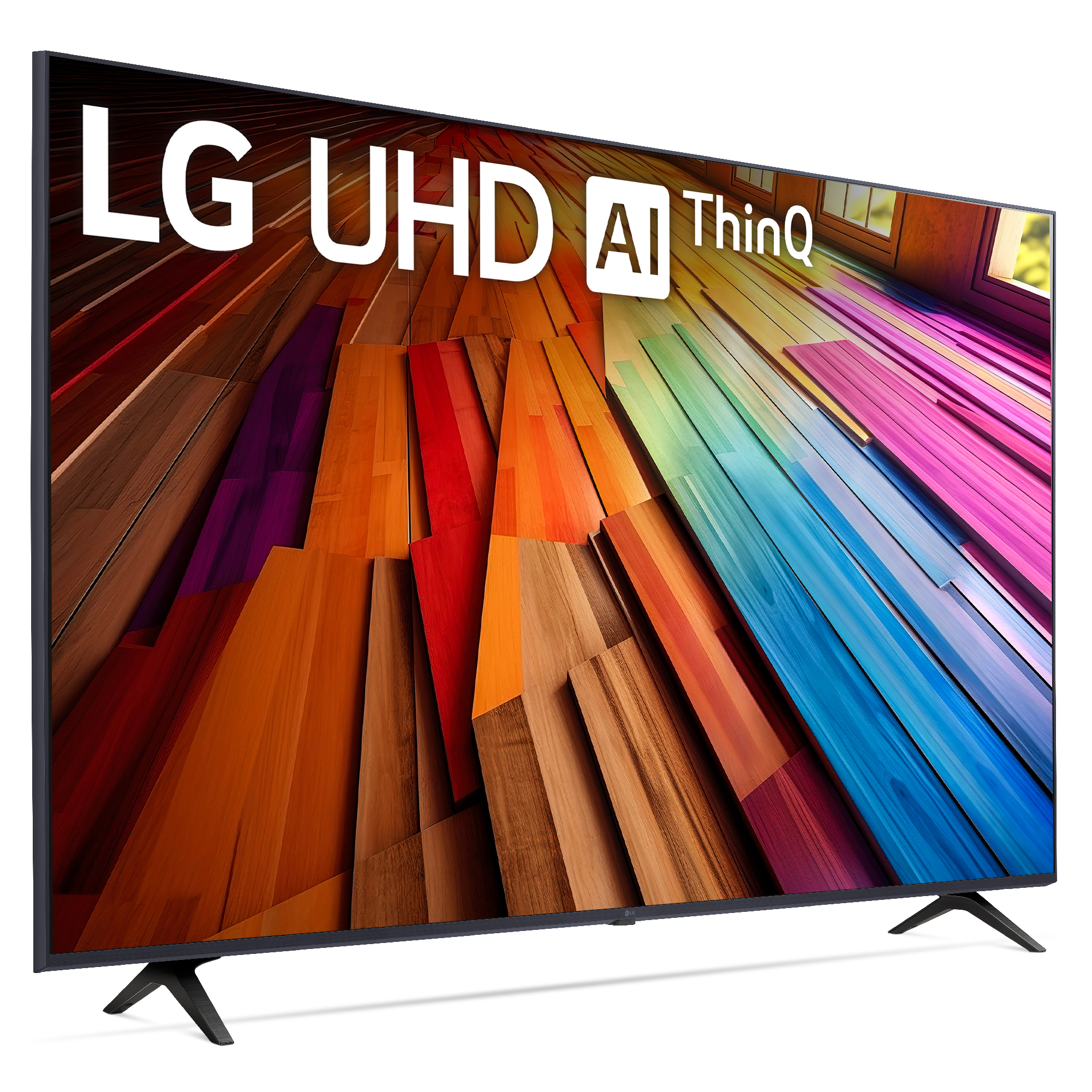 Gran televisor LG UHD AI ThinQ. Fondo de arte abstracto colorido. Soporte negro. Logotipo blanco de LG.