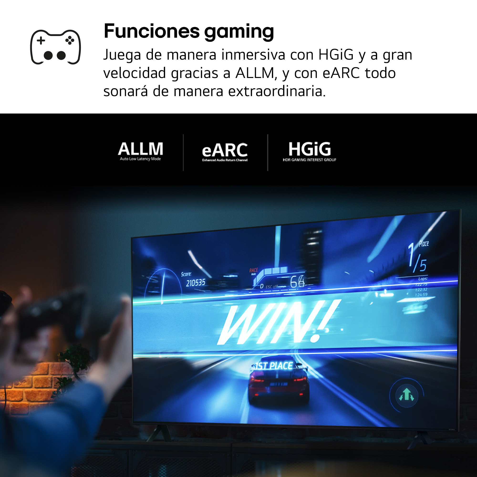 Hombre jugando en una pantalla de TV con un mensaje de victoria.