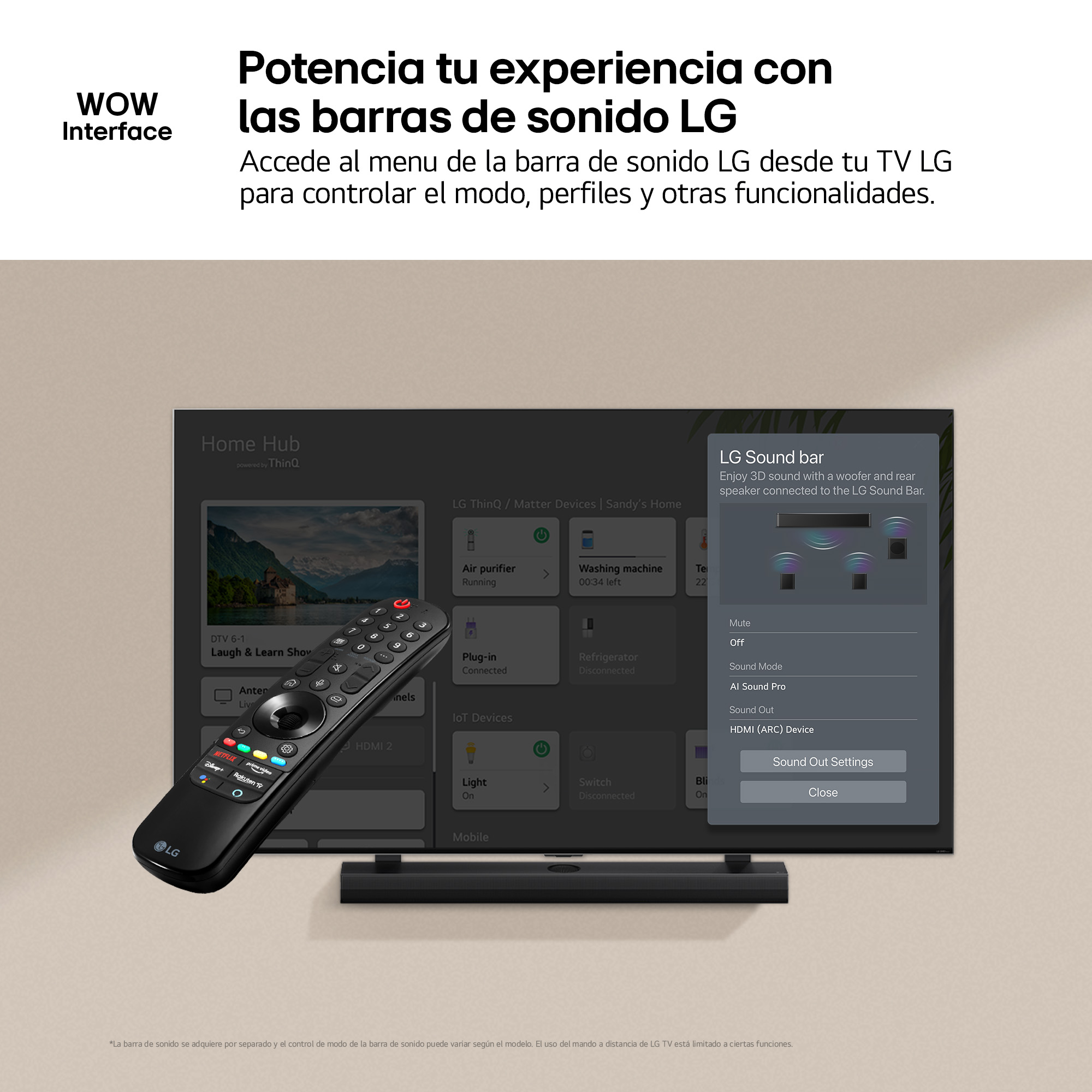 Pantalla de TV muestra la interfaz de la barra de sonido, control remoto en mano, y la marca LG a la izquierda.