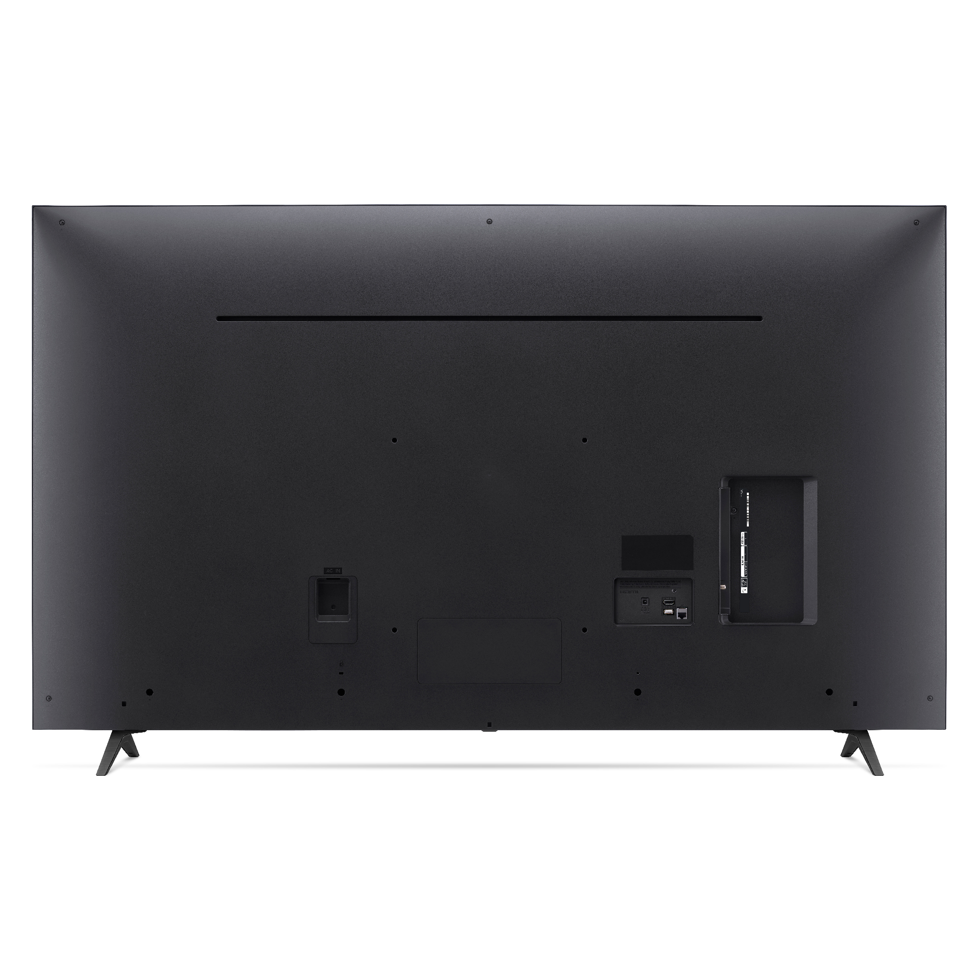 Vista trasera de un televisor negro, mostrando puertos y soporte. El televisor tiene un diseño elegante.