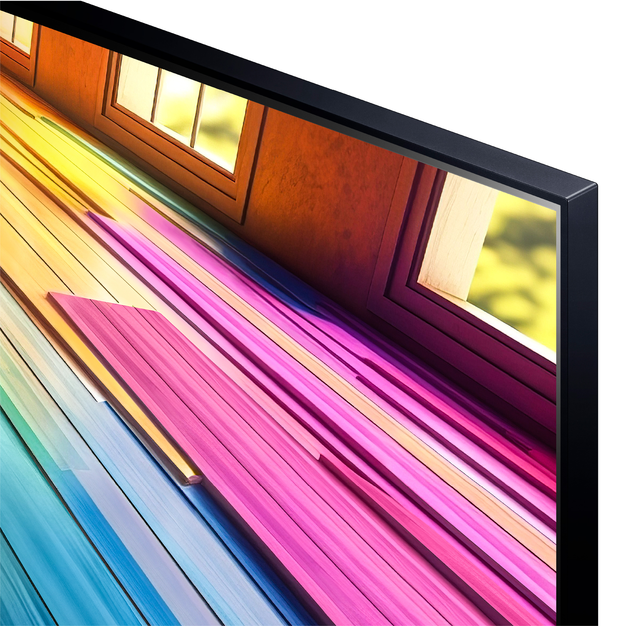 Una pantalla de TV que muestra un interior abstracto y colorido.