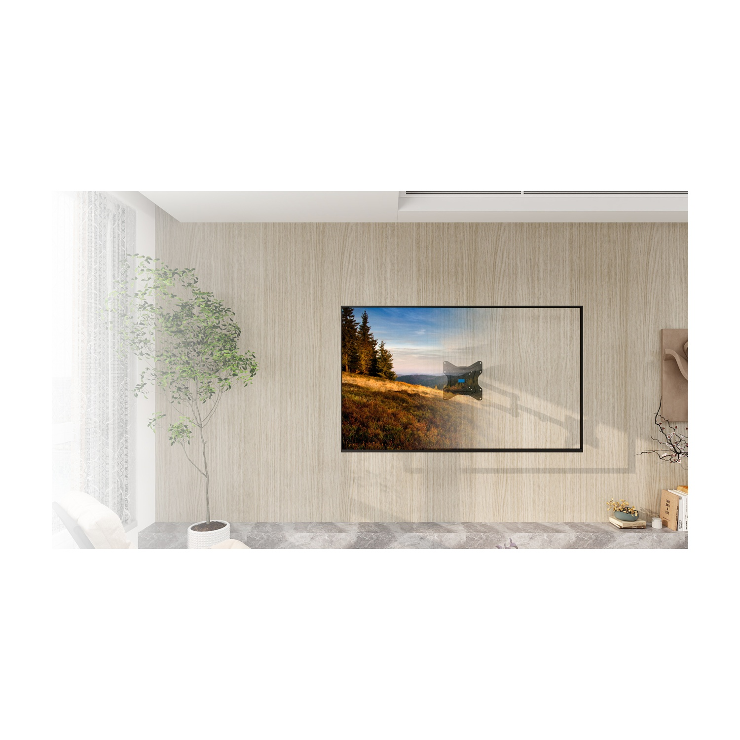 TV montata a parete che mostra un paesaggio. Interno con finestra e pianta.