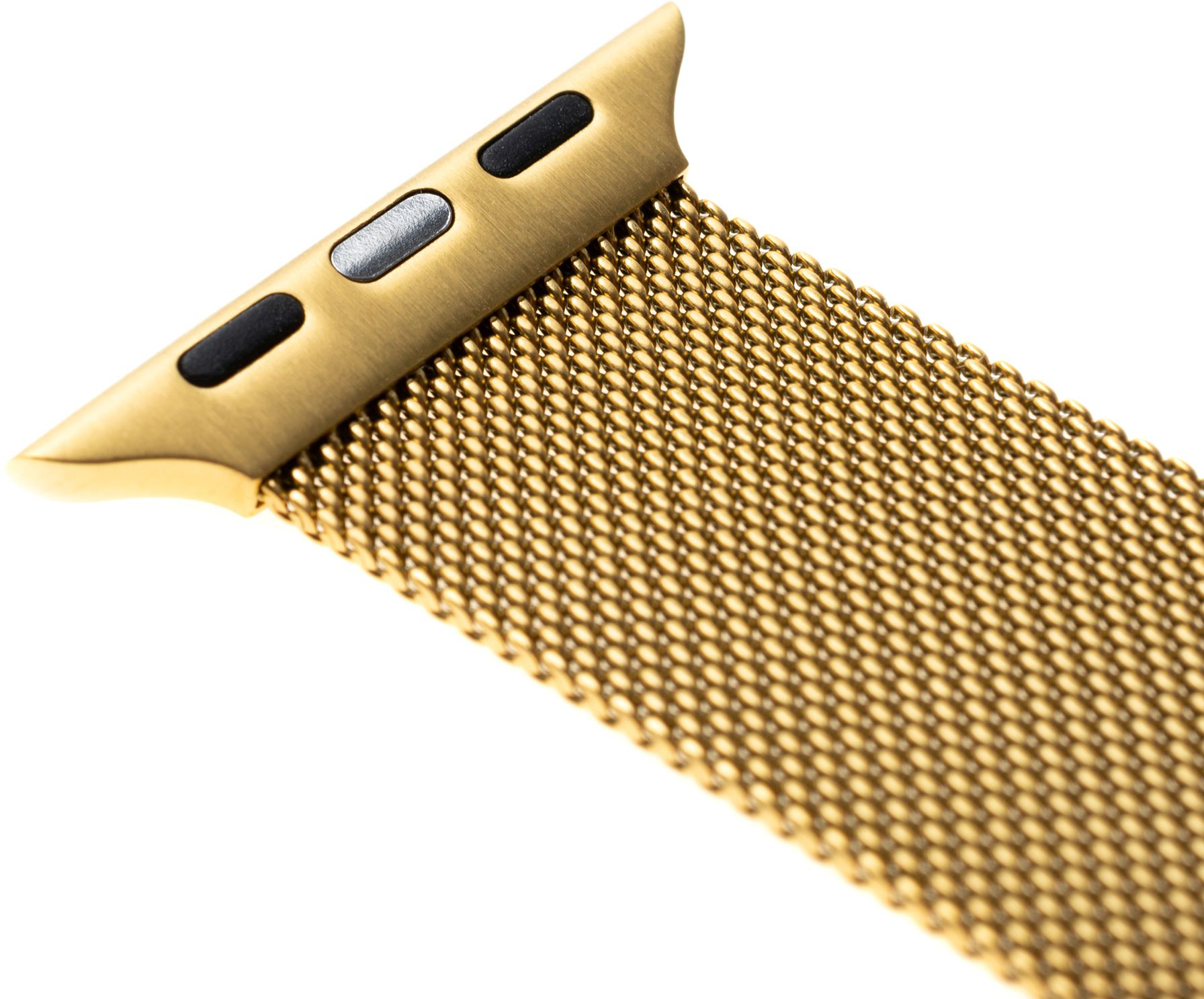 Egy arany hálós Apple Watch szíj, bal felső sarok felé dőlve. A szíj fehér háttéren van.