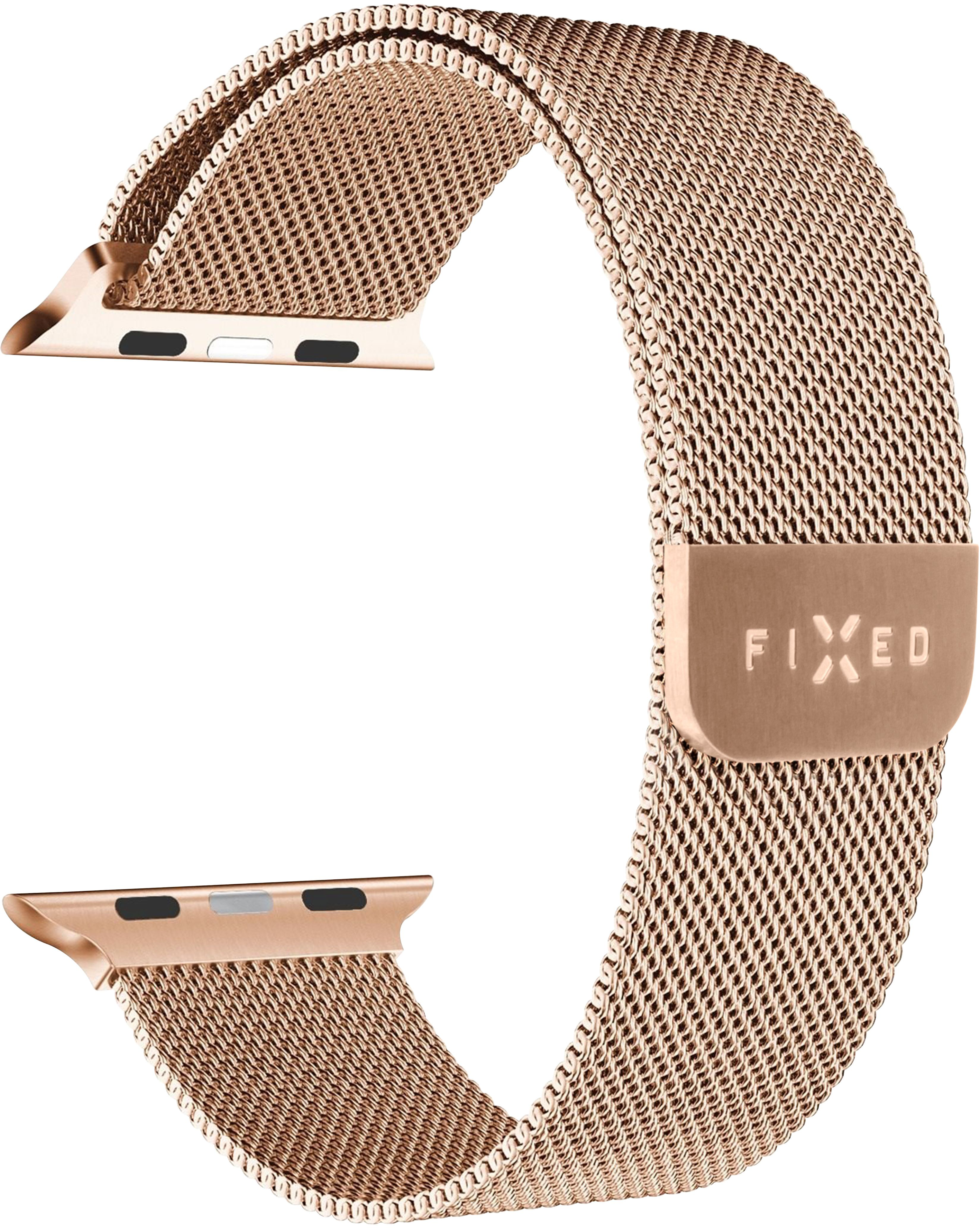 Rózsaszín arany Apple Watch fémhálós szíj. Közelkép fehér háttér előtt.