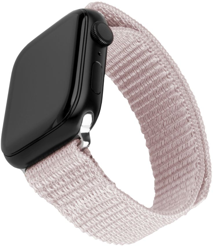Fekete Apple Watch világos rózsaszín szövetszíjjal.