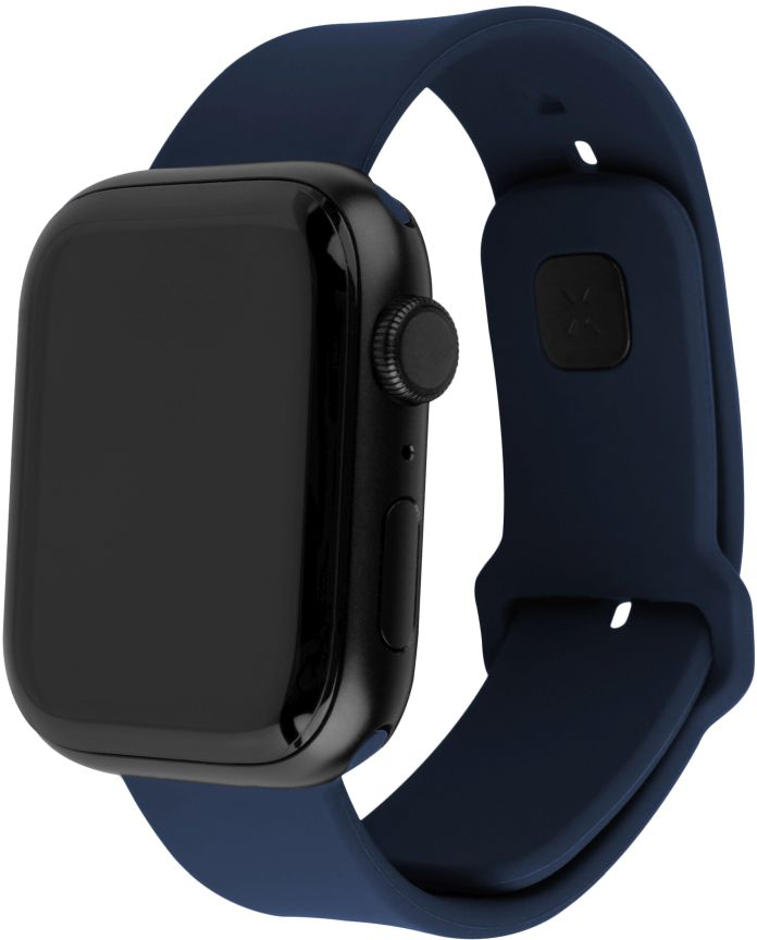Egy fekete Apple Watch kék karszalaggal látható.