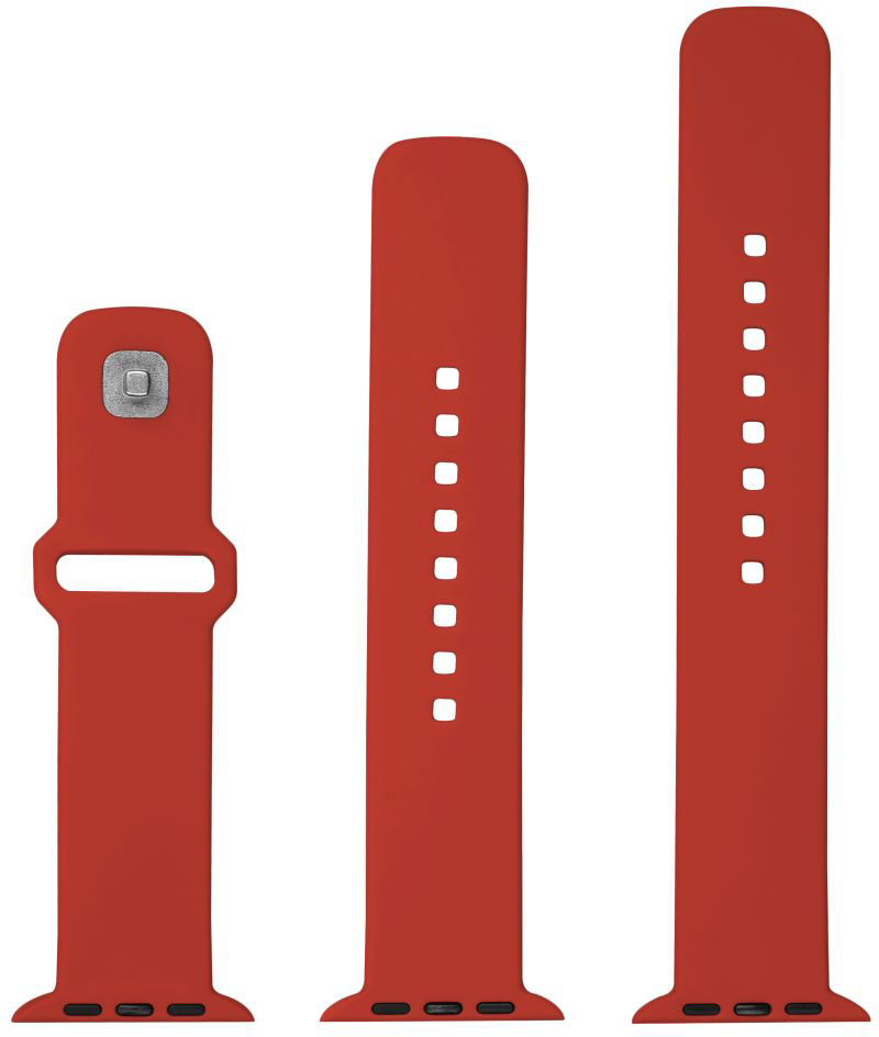 Három piros Apple Watch szíj, különböző hosszúságban, függőlegesen elrendezve.