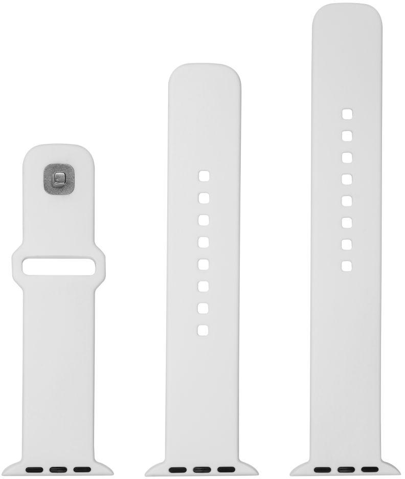 Három fehér Apple Watch szíj. A szíj, a csat és a szíj látható.