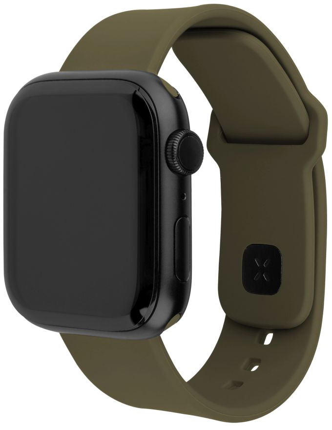Egy fekete Apple Watch sötét olívazöld szíjjal. Az óra számlapja fekete.