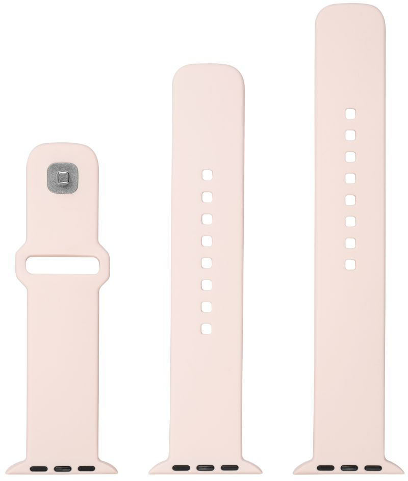 Három világos rózsaszín Apple Watch szíj, a rögzítési pontokat és a lyukakat mutatva.