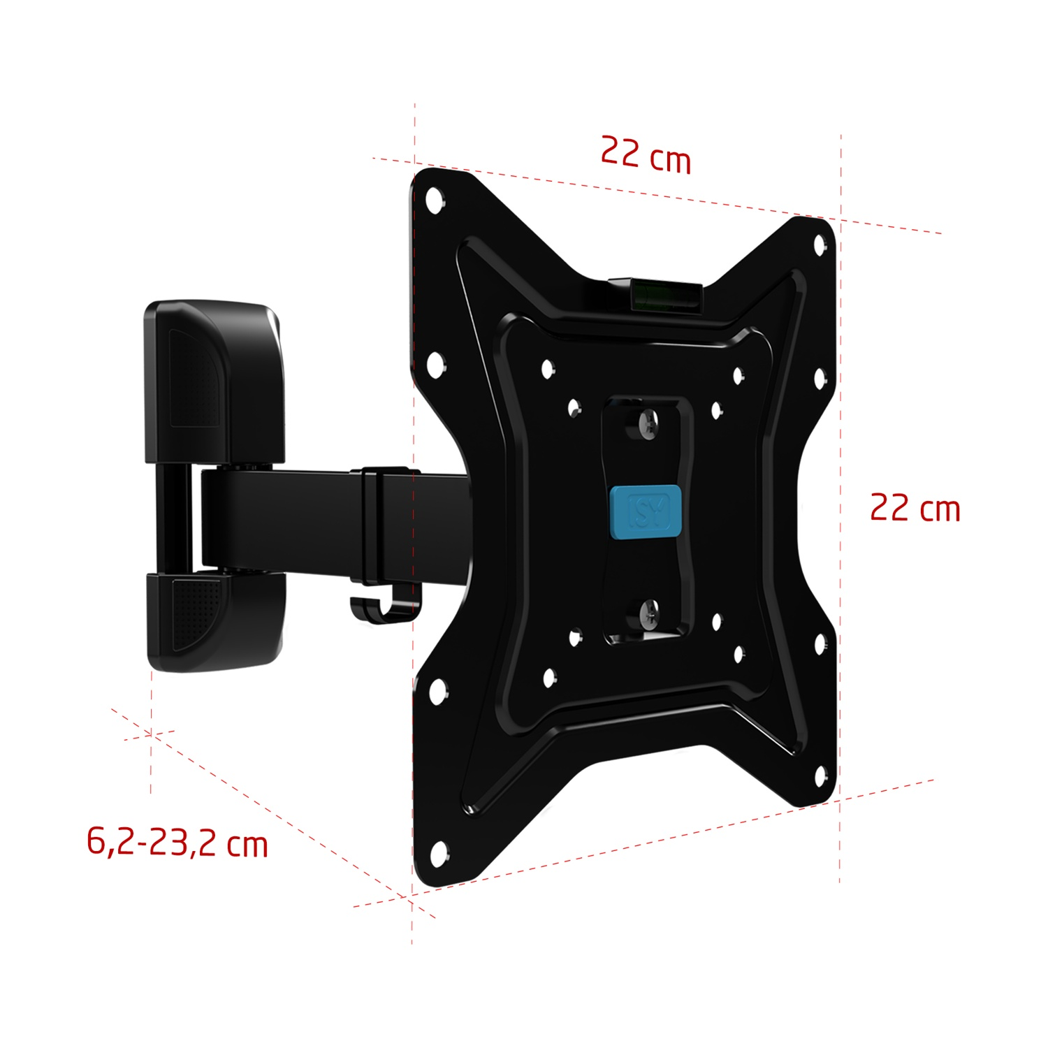 Supporto a parete TV nero con dimensioni di 22 cm x 22 cm e un braccio regolabile.