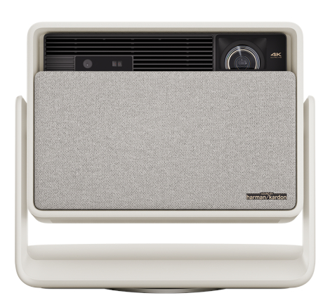 Biały projektor z szarą tkaniną z przodu i czarnym ekranem.