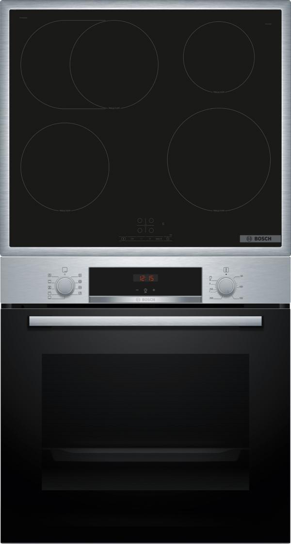 Ein Elektrokochfeld mit vier runden Kochstellen und ein Einbauofen mit Knöpfen und Anzeige. Marke: Bosch.