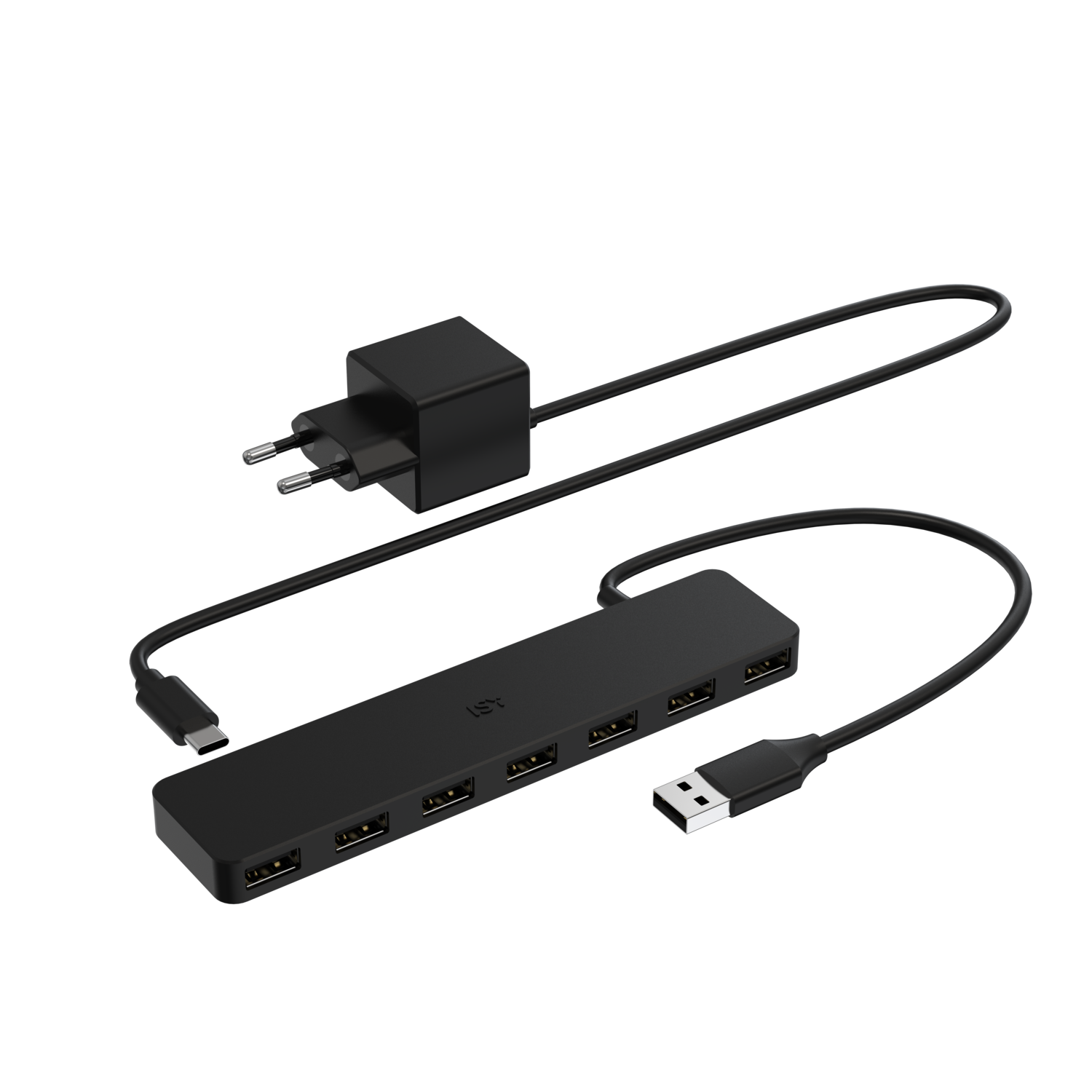 Zwarte USB-hub en oplader. De hub heeft meerdere USB-poorten. Beide hebben zwarte kabels.