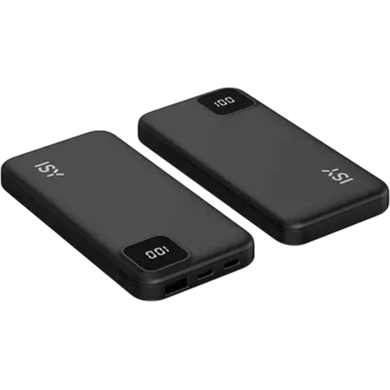 Two black power banks with the 'ISY' logo and display showing '100'. Angled view.