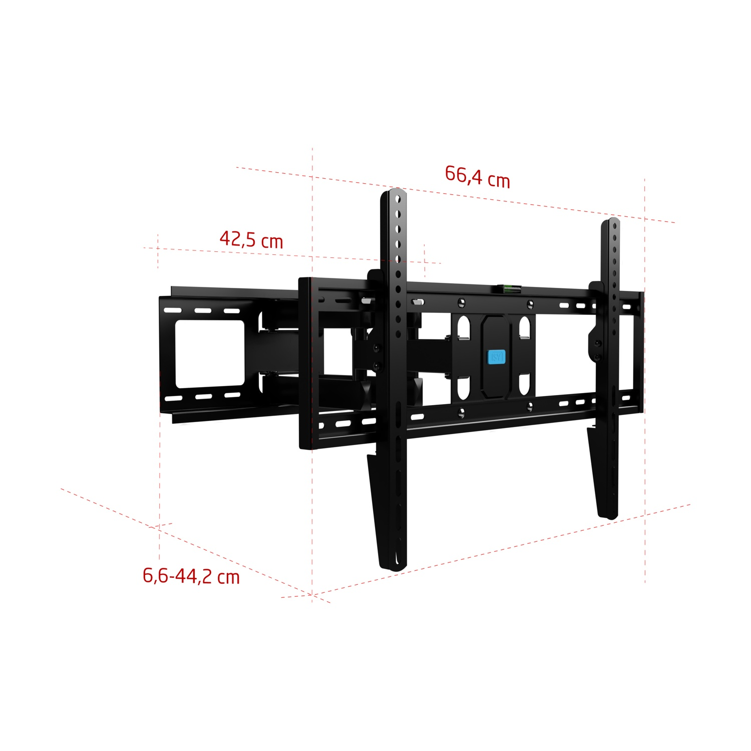 Supporto a parete TV nero con misure e dimensioni in cm.