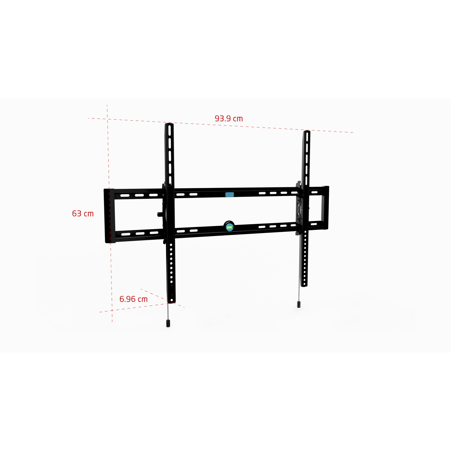 Supporto a parete per TV nero. Il supporto è nero e mostra le dimensioni: 63 cm di altezza, 93,9 cm di larghezza e 6,96 cm di profondità.