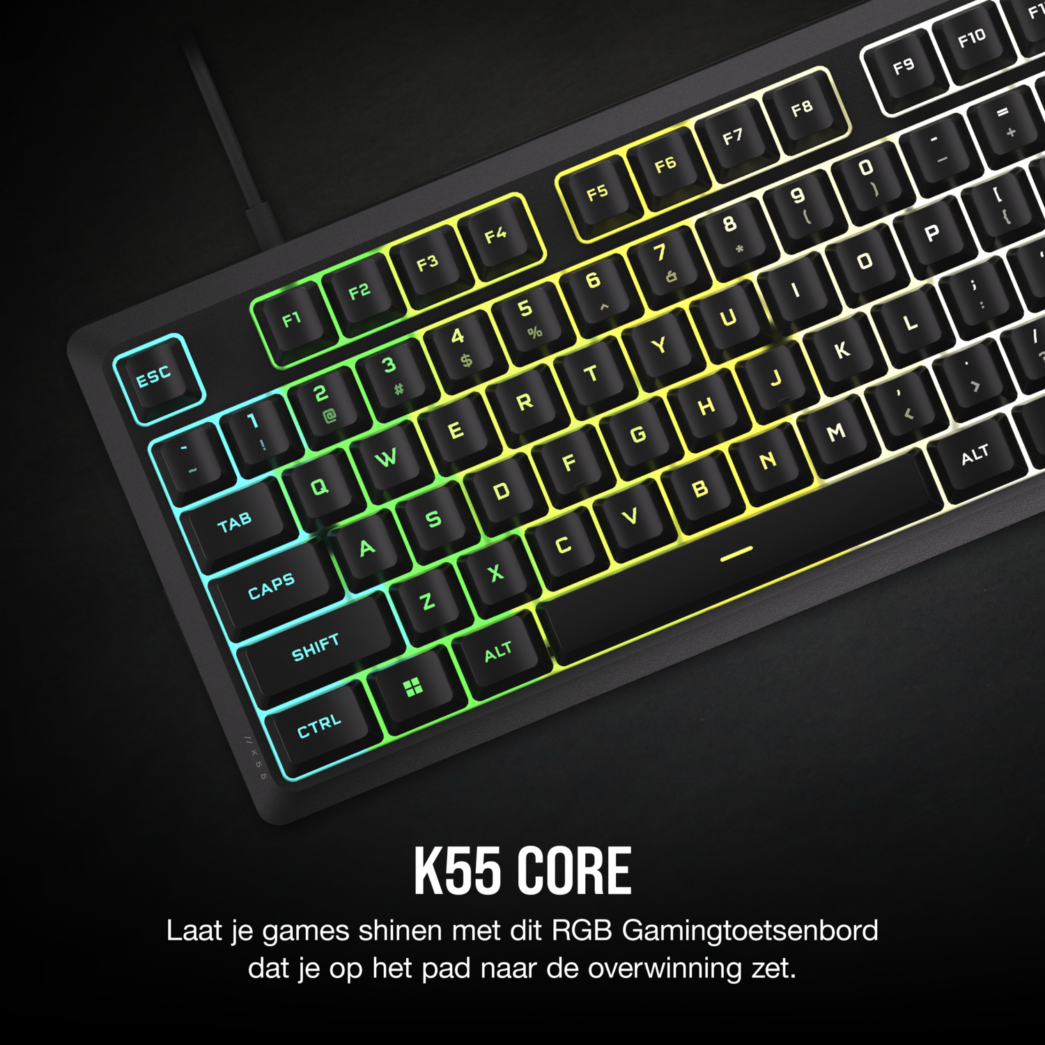 Black gaming keyboard with colorful backlit keys, labeled with letters, numbers, and symbols.