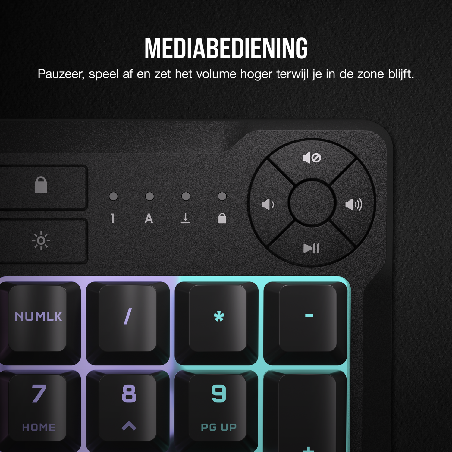 Close-up of a keyboard with multimedia keys. There are lock, volume, and media control buttons.