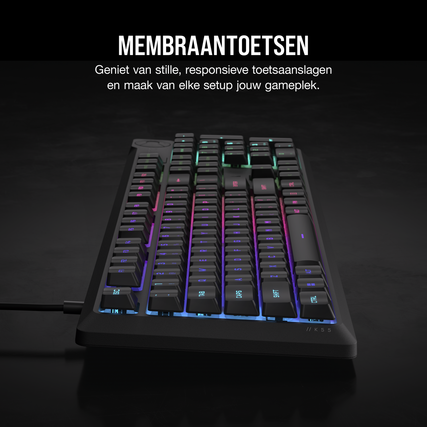 Black gaming keyboard with glowing keys, angled view, dark background.