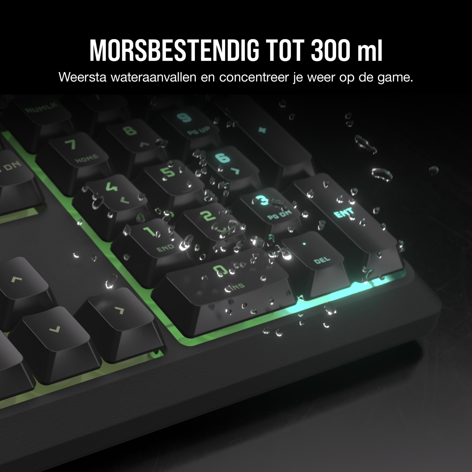 Keyboard with water droplets. Green backlighting. Black keys. Dark background.