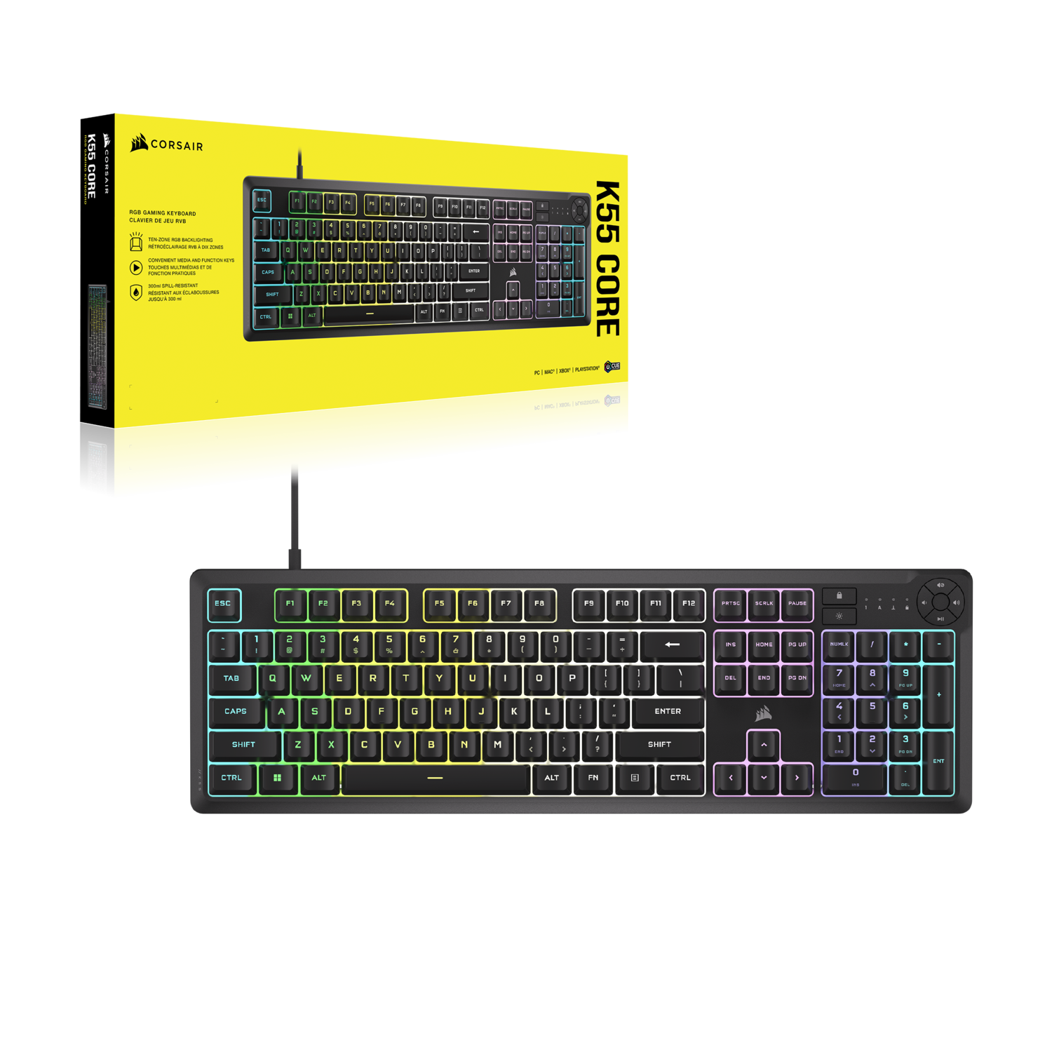 Corsair K55 Core keyboard with packaging. Keyboard is black with multi-color backlit keys.