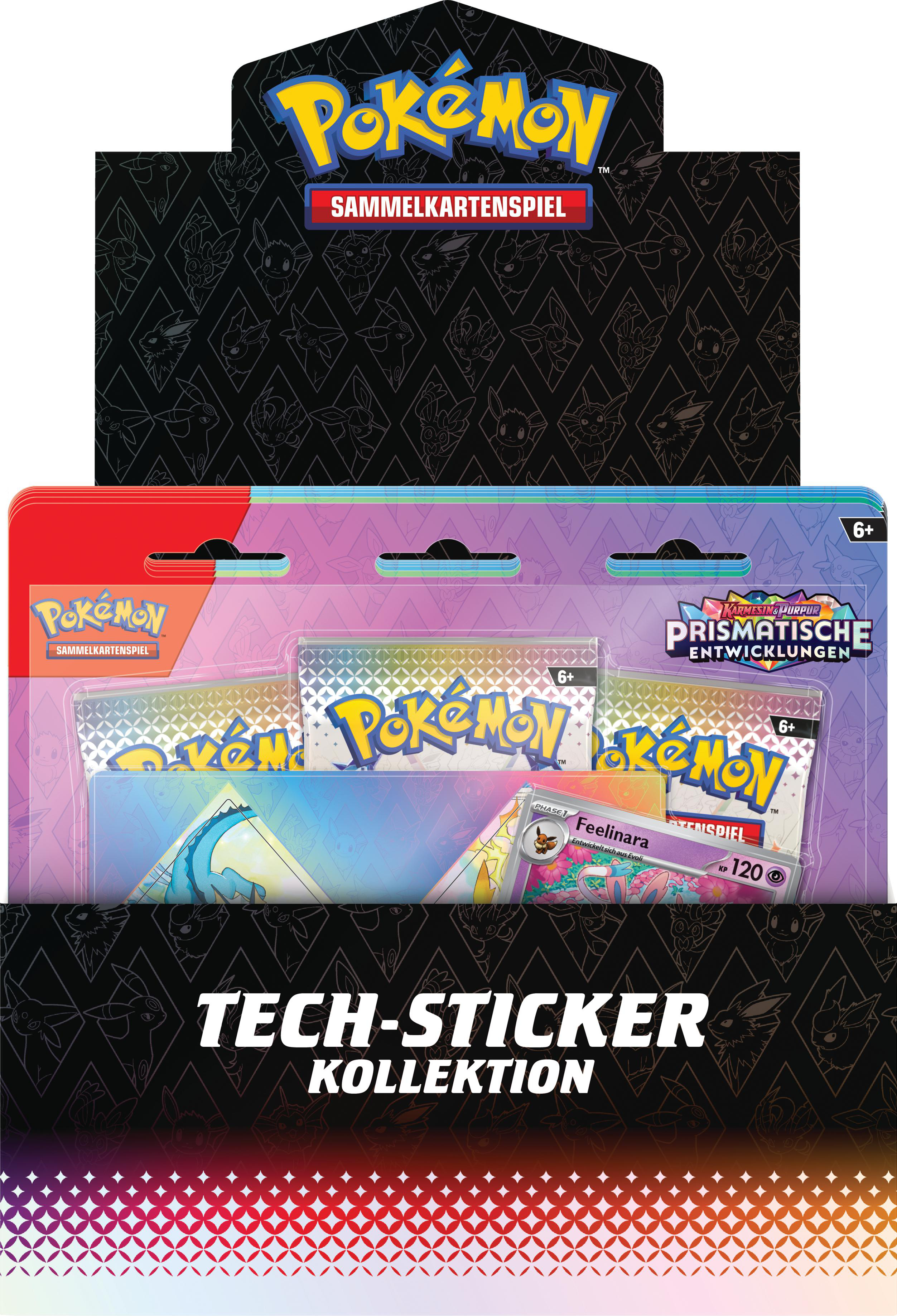 Pokémon TCG Kartenset. Mehrere Kartenpackungen werden angezeigt. Text: Tech-Sticker Kollektion.