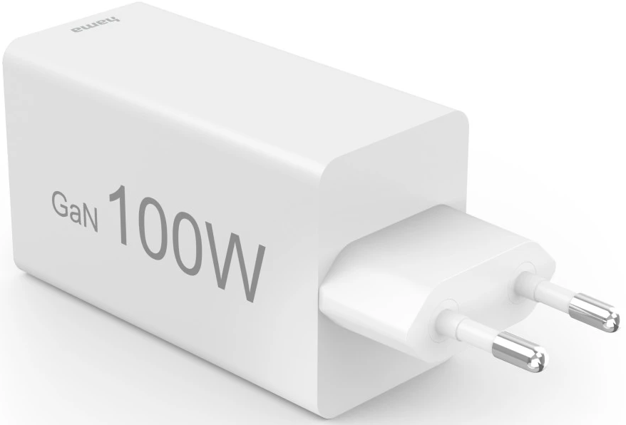 Ein weißer Hama GaN 100W-Ladegerätstecker mit zwei Metallstiften.
