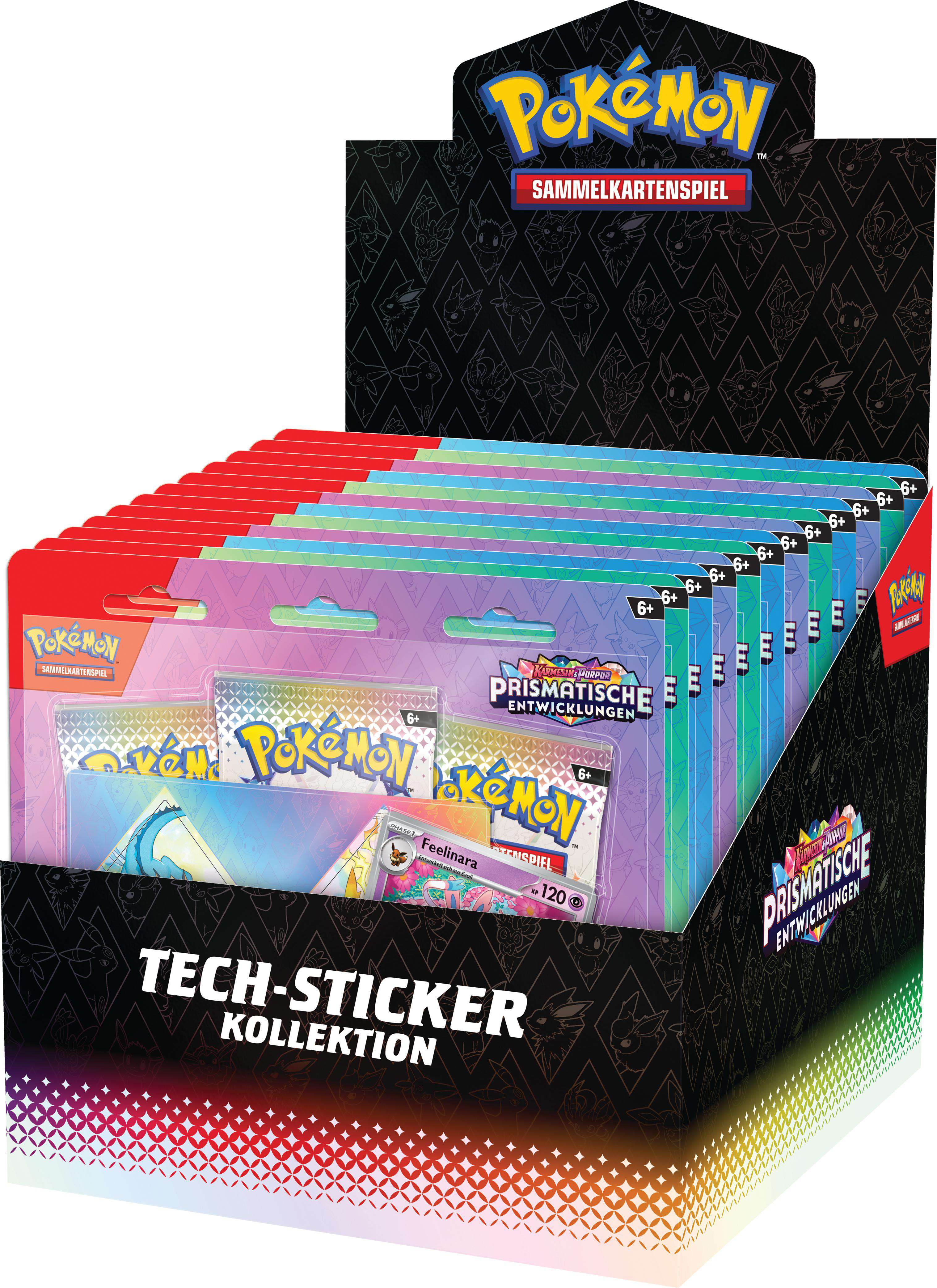 Box mit Pokémon-Trading Card Packs. Bunte Packs im Inneren. Text: Tech-Sticker Kollektion und Pokémon-Logo.