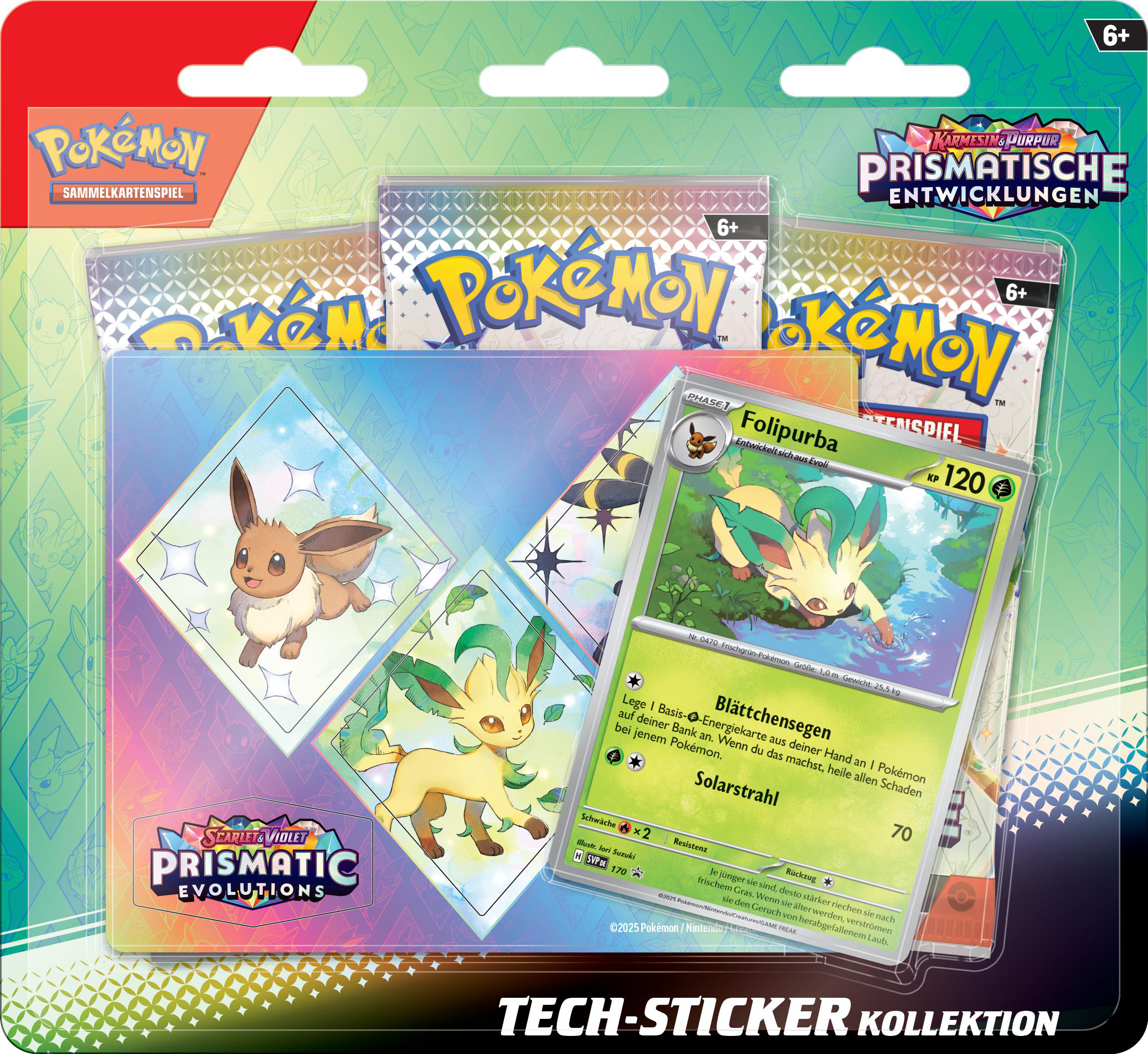 Pokémon-Kartenpackung. Evoli- und Blättriz-Karten werden gezeigt. Die Packung trägt die Aufschrift 'Prismatische Entwicklungen'.