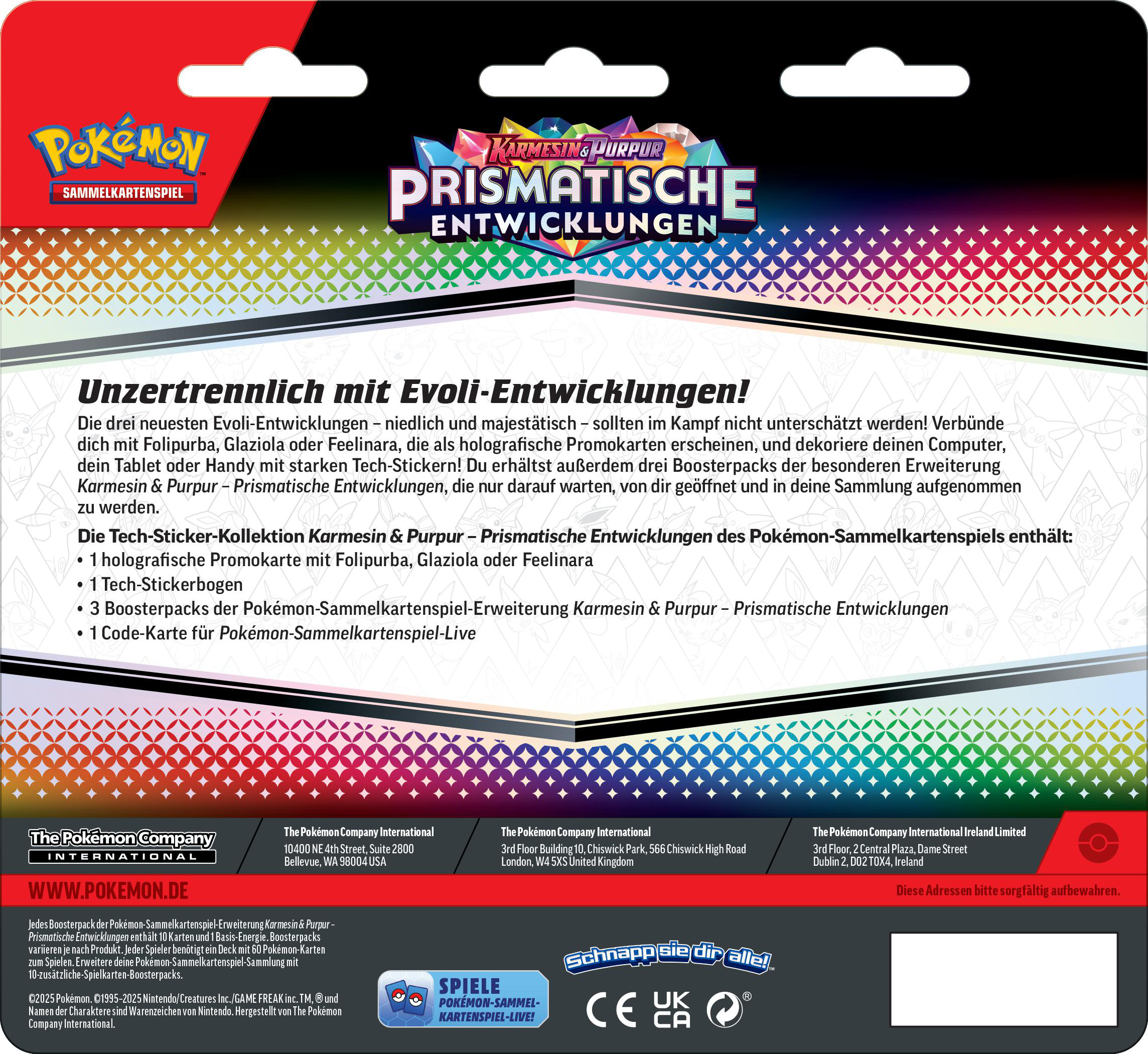 Rückseite einer Pokémon-Kartenpackung. Text auf Deutsch, mit dem Logo der Pokémon Company.